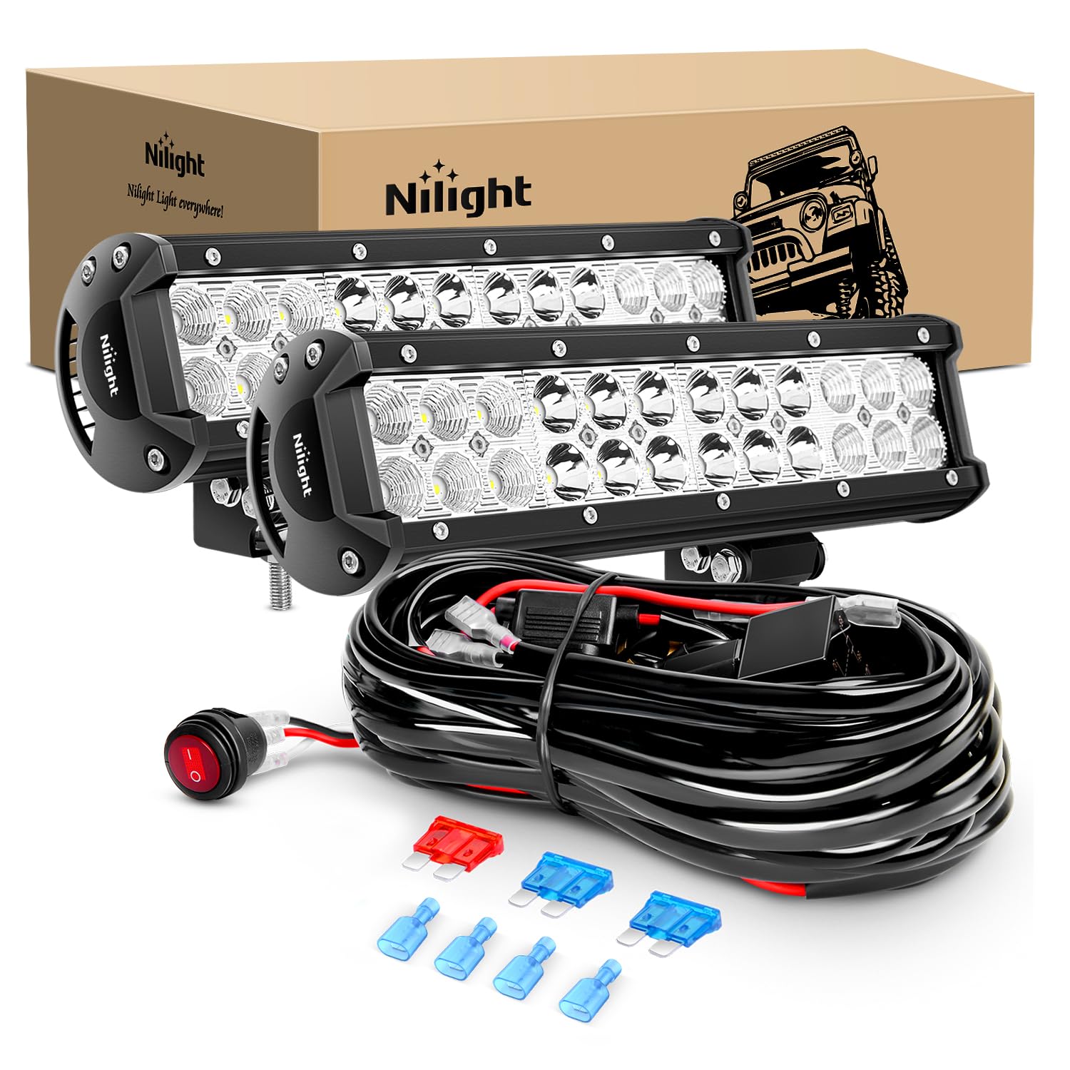 Nilight Led Light Bar 12 Inch 72W Spot Flood Combo Off Road Lights Driving Fog Led Pods Lights With 16Awg Wiring Harness Kit-2 L