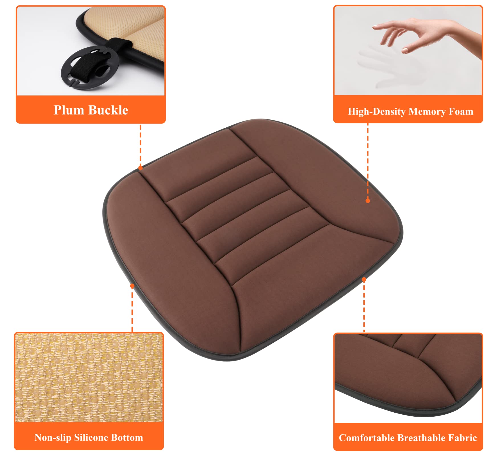kingphenix Car Seat Cushion - 1.2" Memory Foam, Brown, 21.26x18.5x1.18 inches, Ideal for Car & Office Chairs