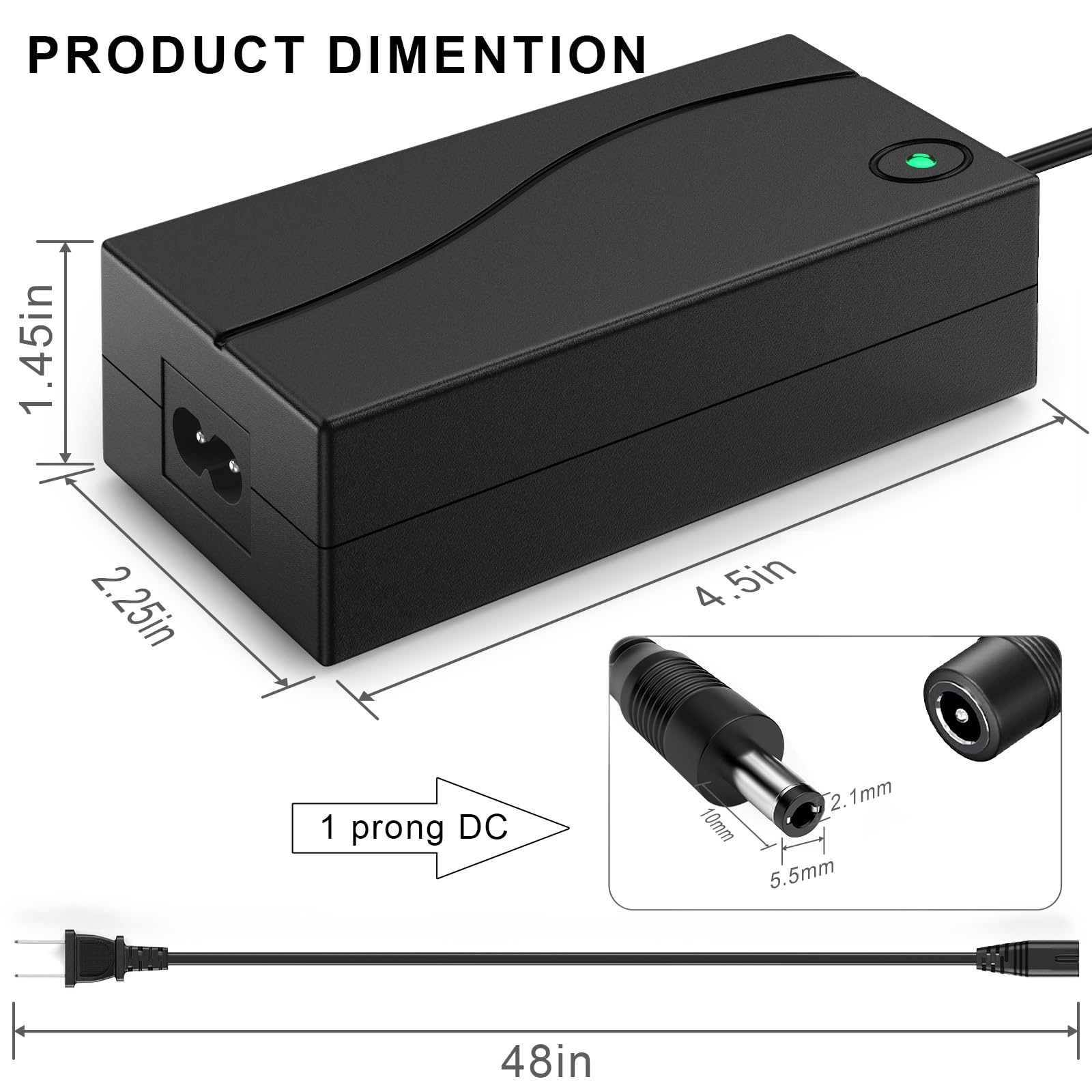 Falamiao 42V 2A Charger Replacement for Gotrax Electric Scooter 1 Prong with 5.5mm tip Universal Compatible with 36V Li-ion Batt