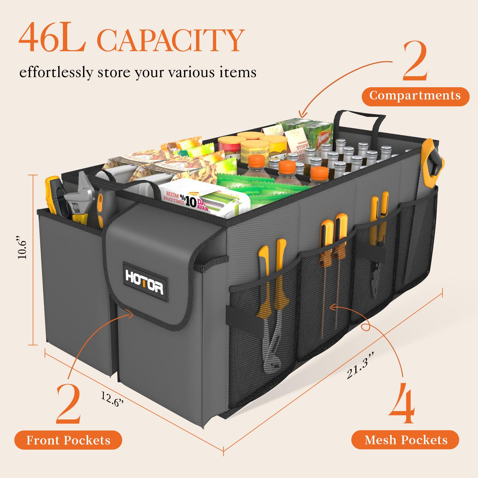 Hotor Foldable Trunk Organizer - 2-Compartment 21.3 ''  12.6 ''  10.6 '' Grey Suv & Sedan Organizer For Accessories, Tools And S