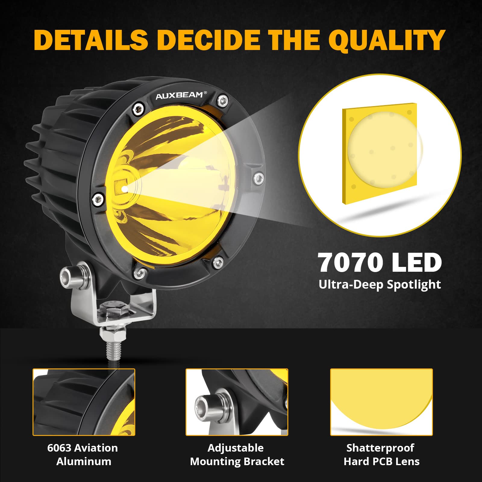 Auxbeam 4 Inch 72W Amber Fog Lights, 2Pcs 7200Lm Led Round Offroad Light Pods, Yellow Spot Beam Driving Off Road Work Light Bar