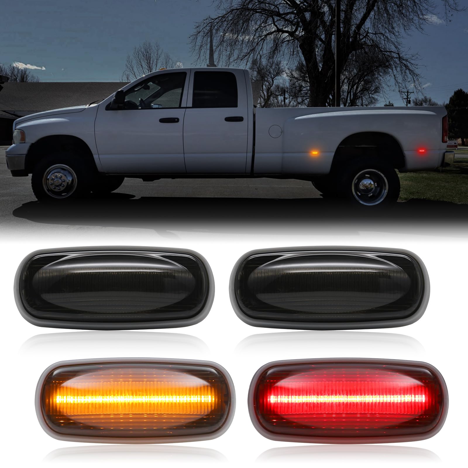 Mynoway LED Side Marker Light Replacement for Ram 2500HD 3500HD Double Wheel 2003-2009 Pickup Truck, Smoked Lens Front Amber Rea