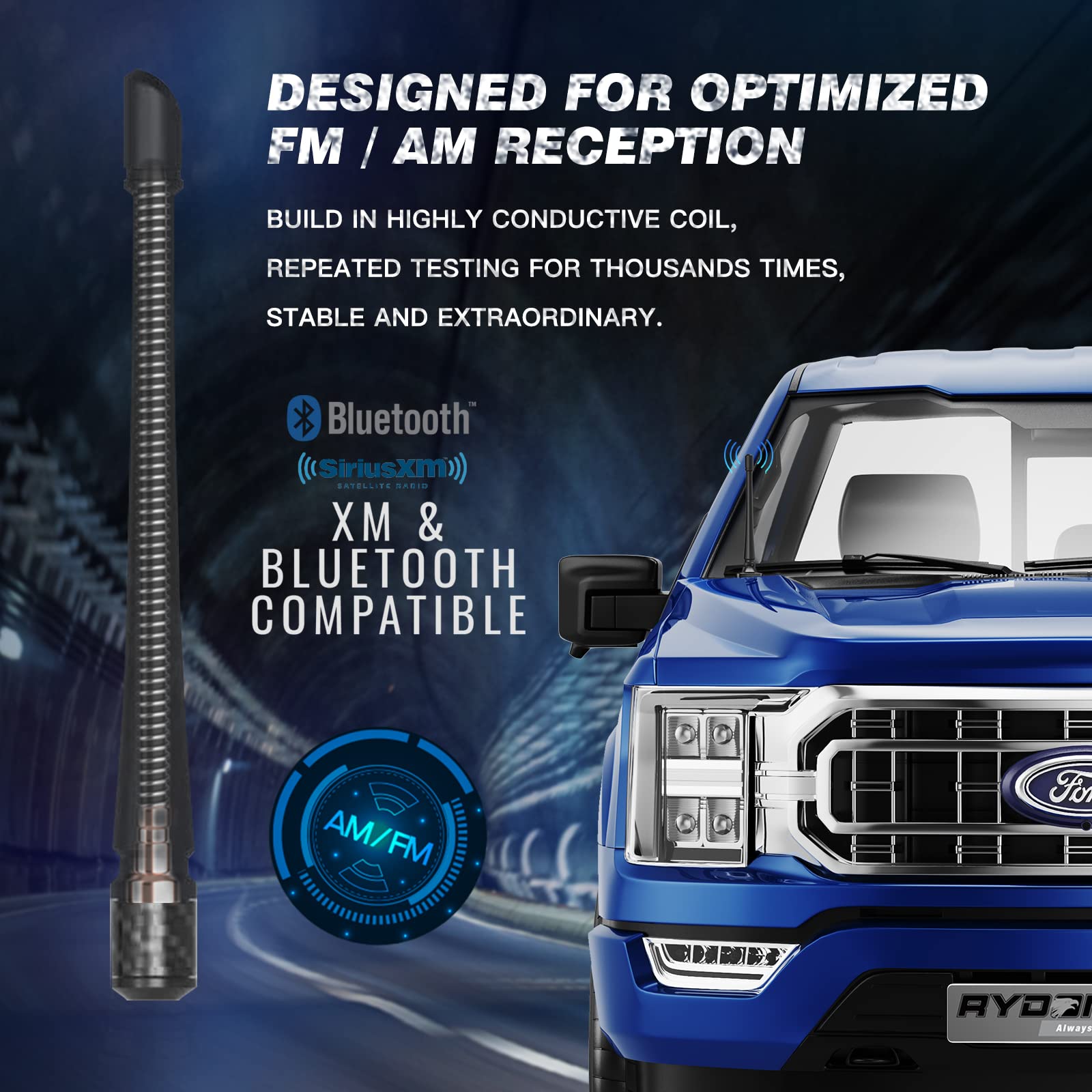 Rydonair Short Antenna for Ford F150 & Bronco 2009-2025, 7" Black Rubber, Enhanced Reception, Car Wash Proof, Model RD-RMSRFB