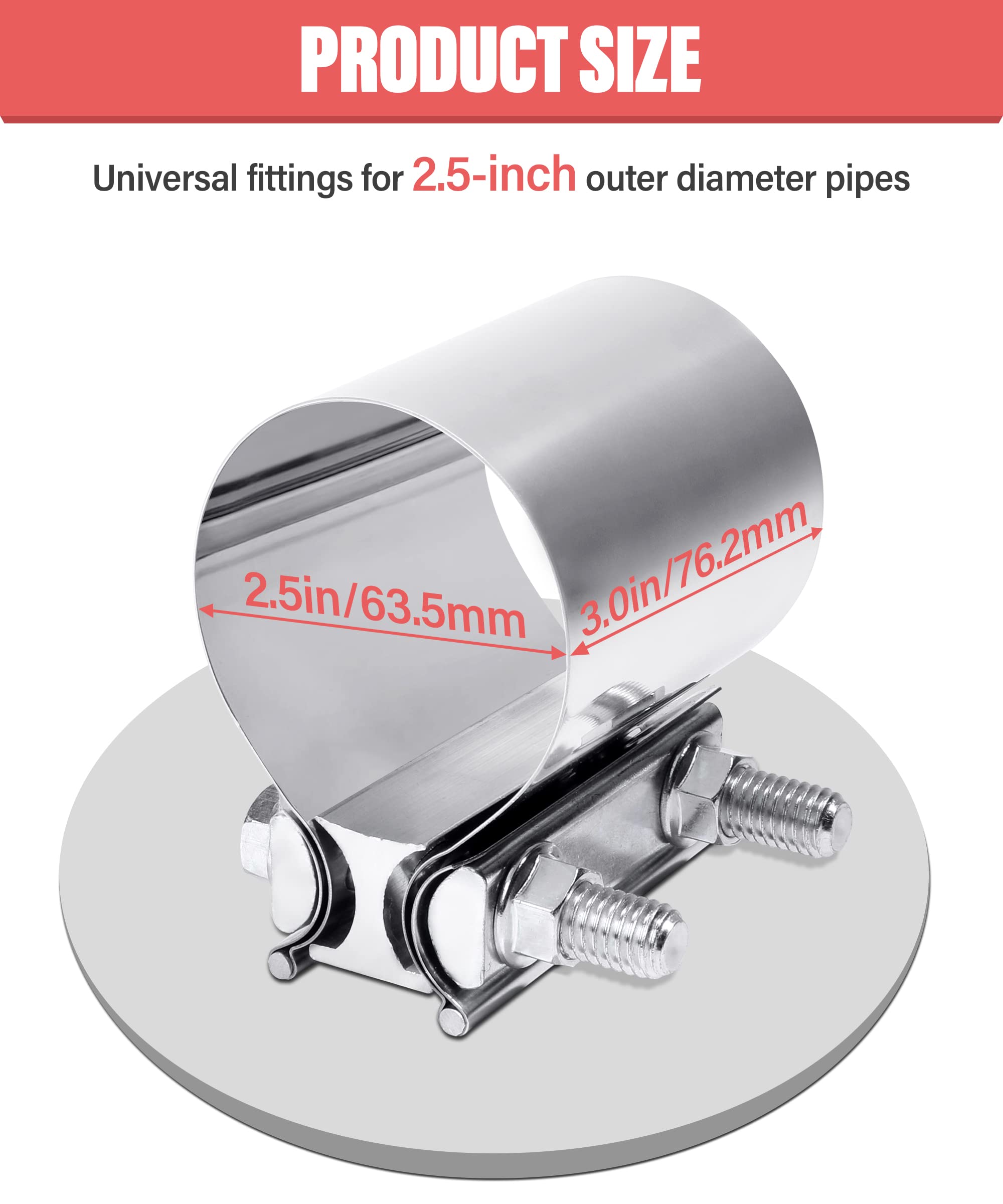 Zlirfy Exhaust Clamp Exhaust Pipe Clamp,2.0    2.25    2.5    2.75    3.0    4.0    Butt Joint Stainless Steel Clamp Band,Univer