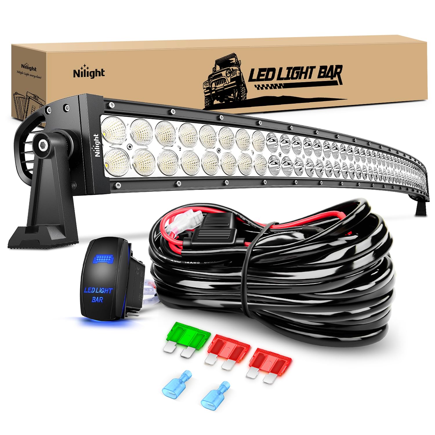 Nilight 52Inch 300W Curved Spot Flood Combo Led Light Bar Off Road Driving Lights Boat Lights Fog Light 12V On/Off 5 Pin Rocker