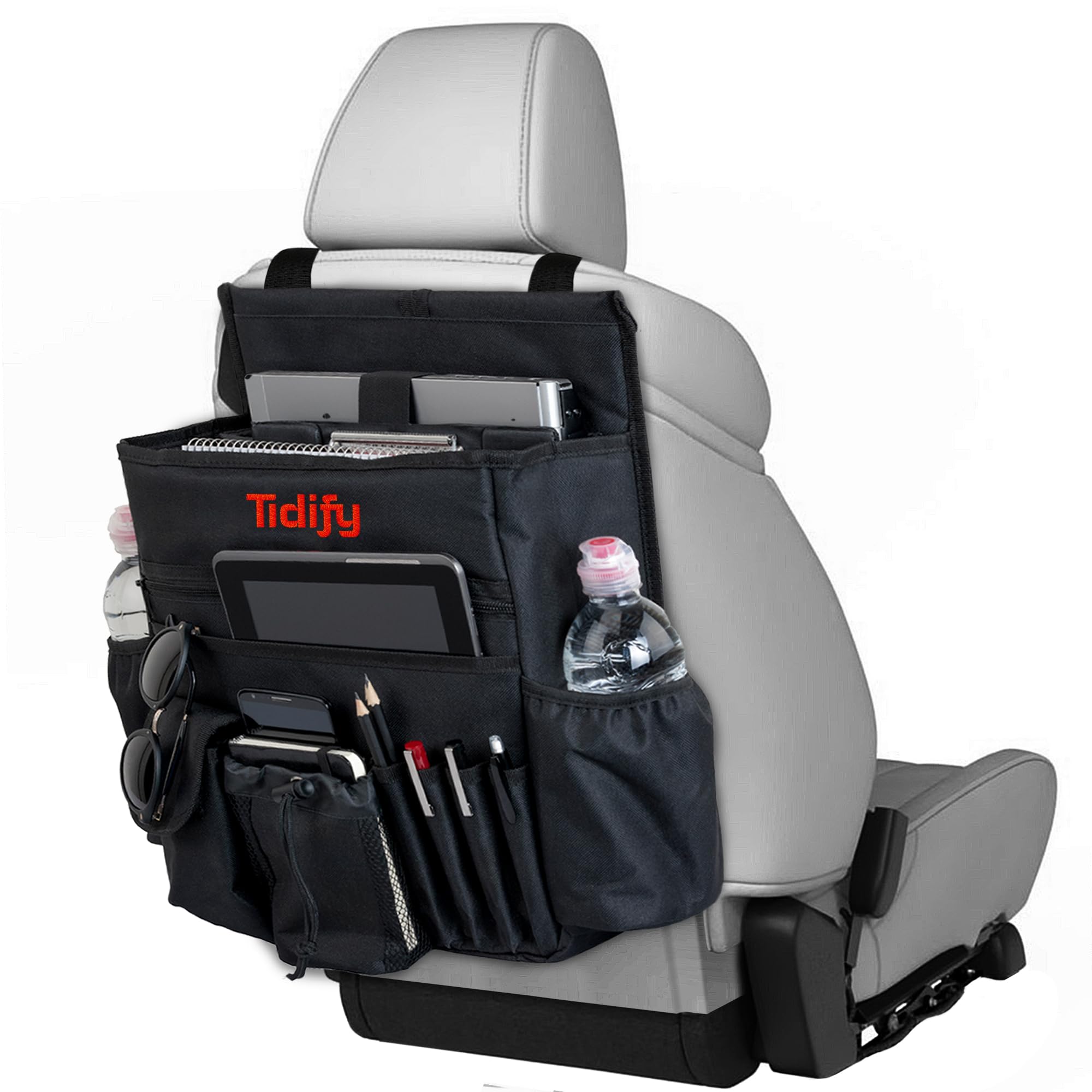 Back Seat Car Organizer with Dedicated Tablet and Laptop Storage Stabilizing Side Straps Soft Adjustable Shoulder Strap and Hard