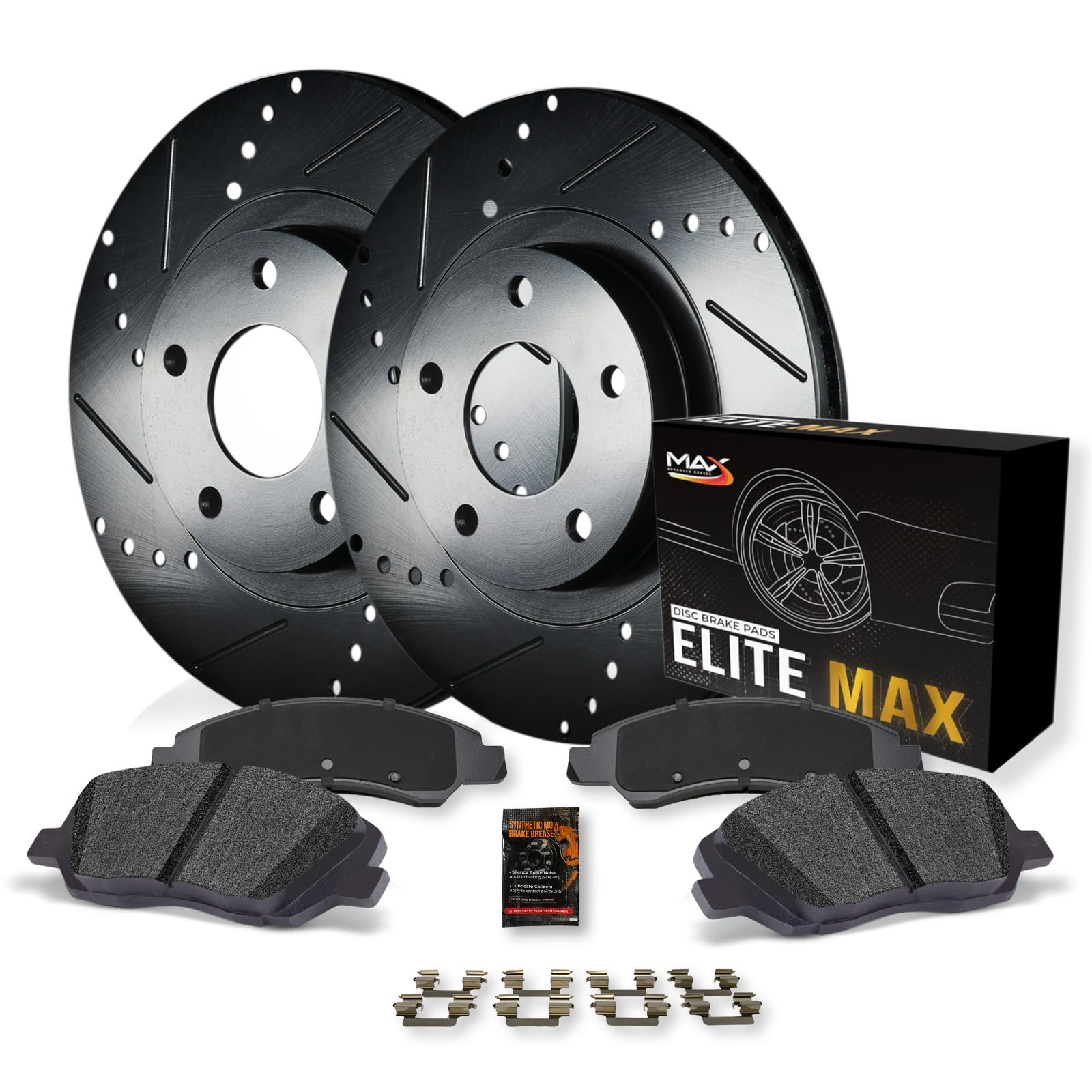 Max Advanced Brakes Front Brake Kit For 2006-2011 2012 2013-2018 Dodge Ram 1500 5 Lug 2007-2009 Dodge Durango Replacement Drilled Slotted Black Coated Disc Brake Rotors And Ceramic Brake Pads