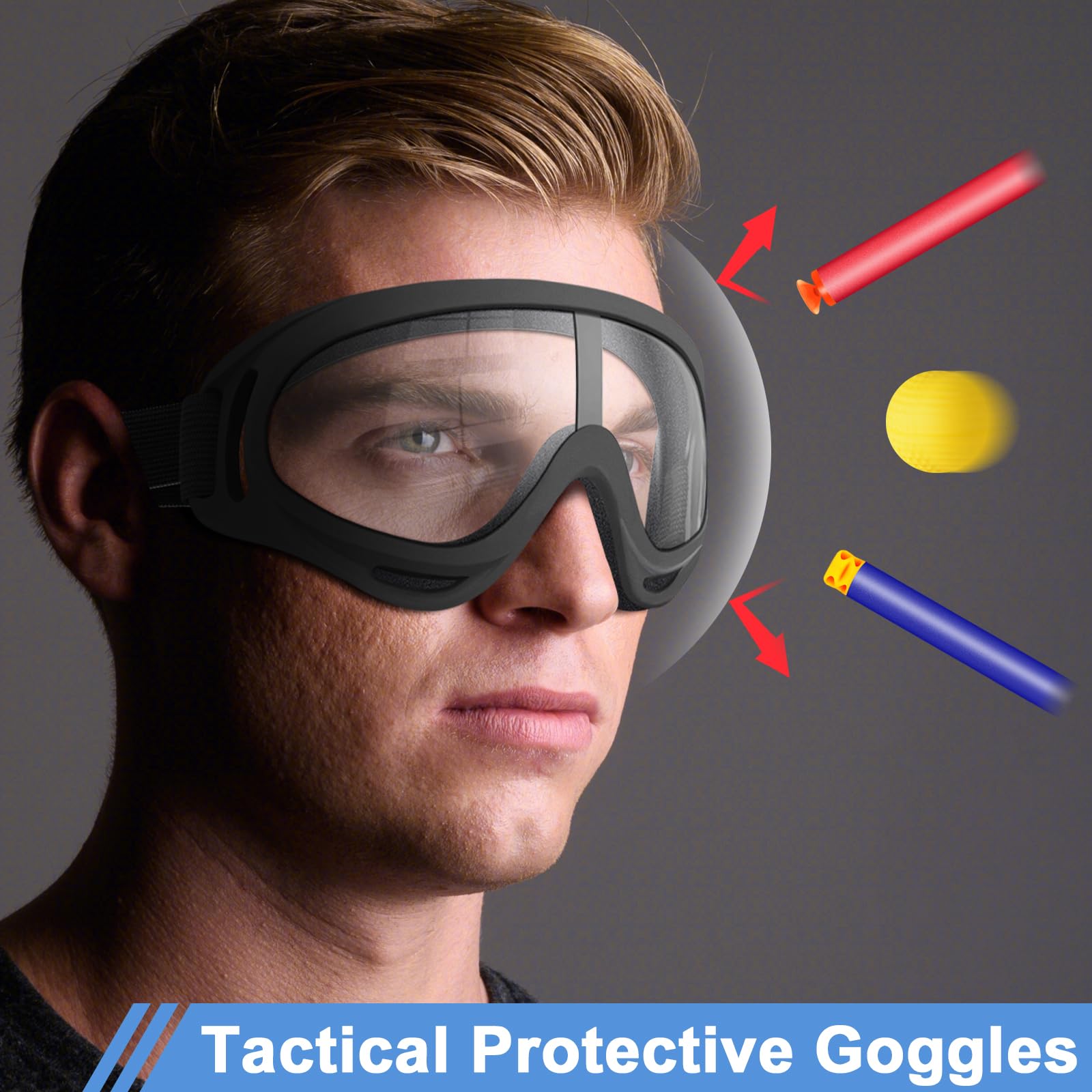 POKONBOY Protective Goggles & Safety Glasses - 2 Pack with Bandanas, Red & Blue, Compatible with Nerf Game Battle for Kids
