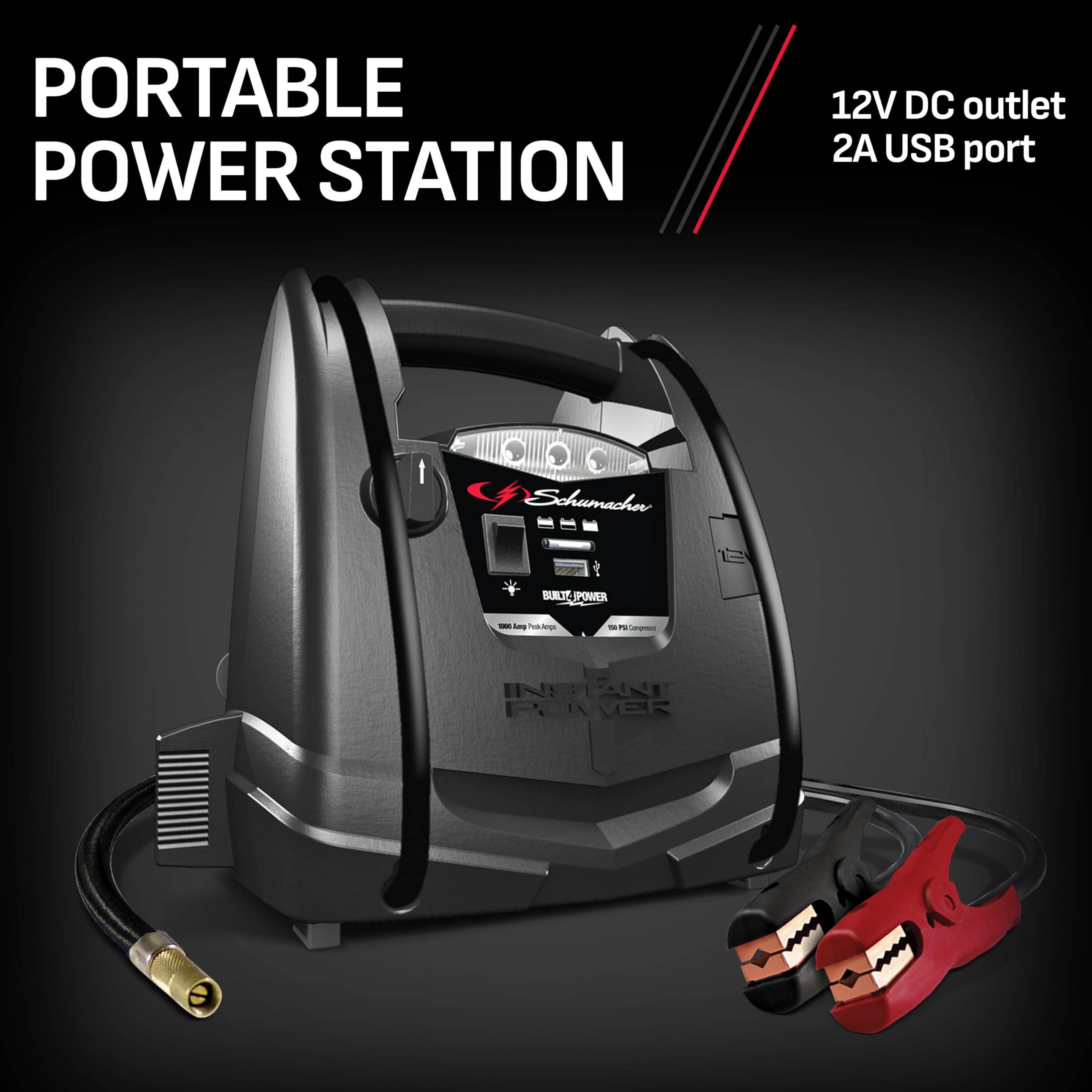 Schumacher SJ1330 Jump Starter & Air Compressor - 1000 Peak Amps, 12V USB Power Ports