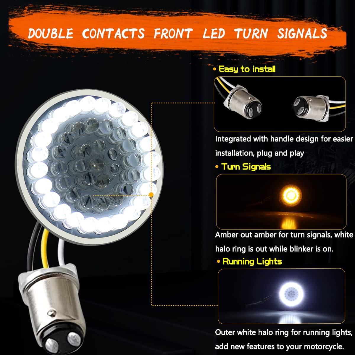 Motoparacc 1157 Front Rear Led Turn Signal, 2 Inch Bullet Double Contacts Motorcycle Brake Running Light For Harley Street Glide