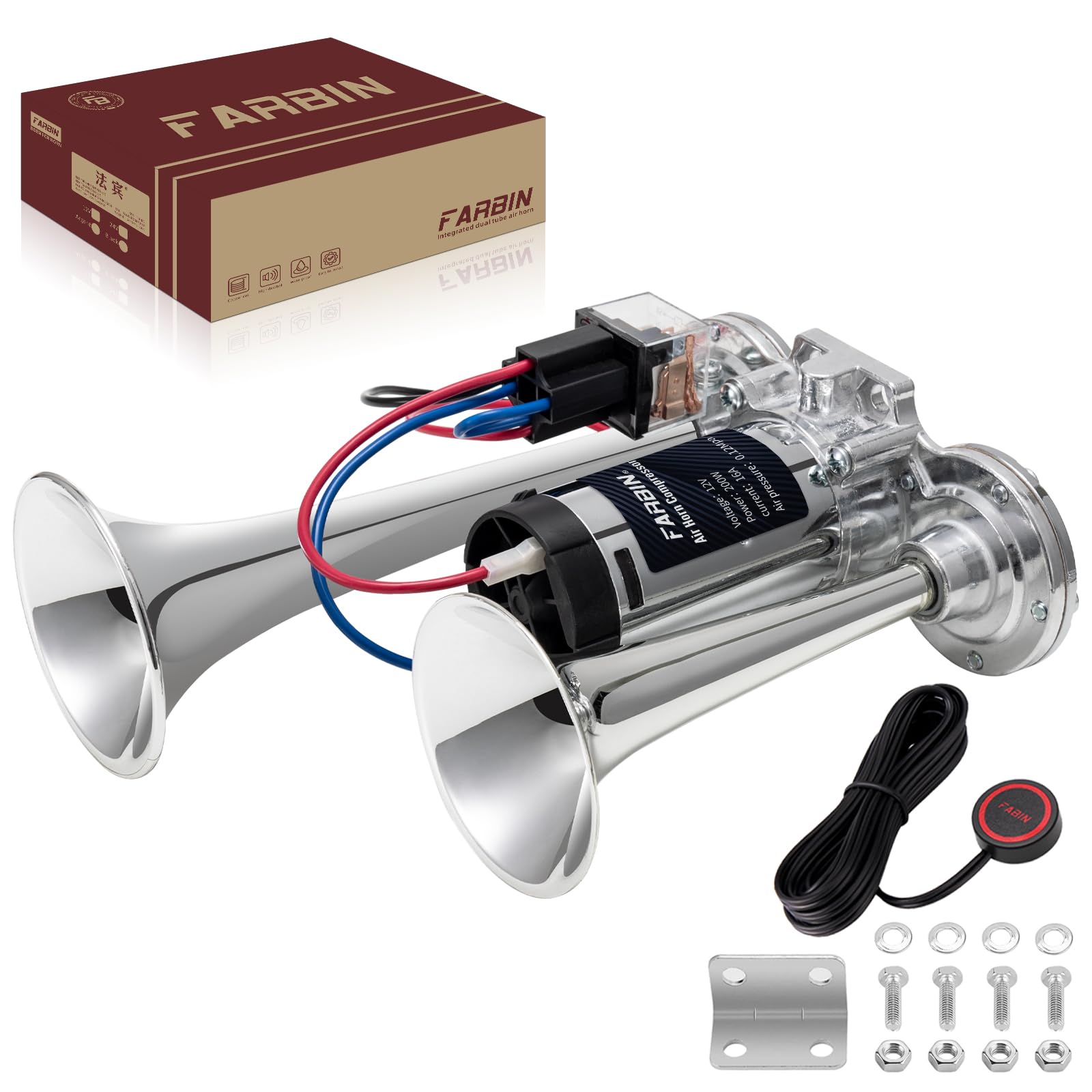 Farbin Air Horn For Truck Train Horn For Car Loud Car Horn With Button Truck Horns With Compressor 12V Airhorns Horns Loud Dual