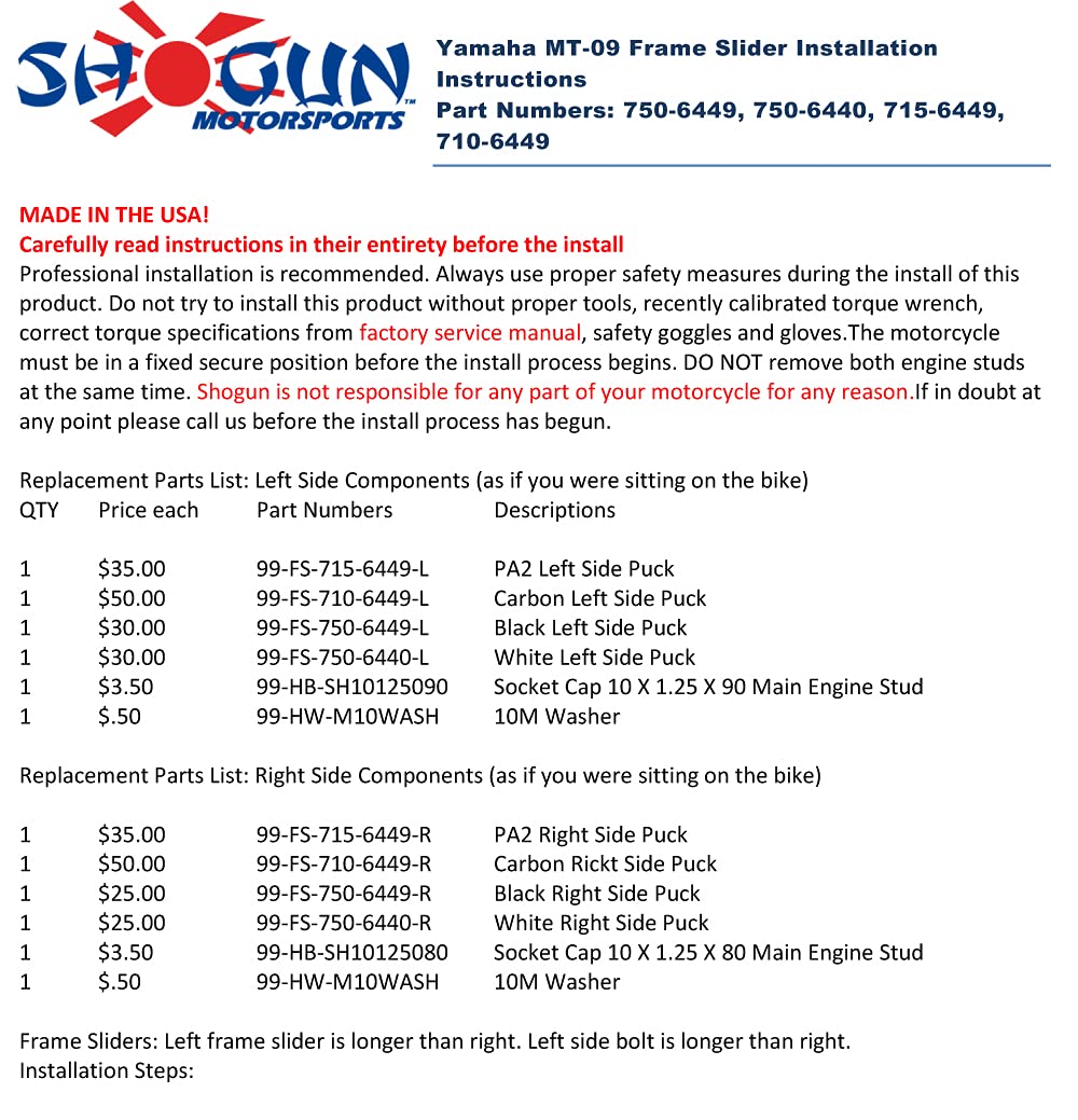 Shogun Yam Mt-09 Mt09 Mt 09 Sp 2021 2022 2023 No Cut Black Frame Sliders 750-6449 - Made In The Usa