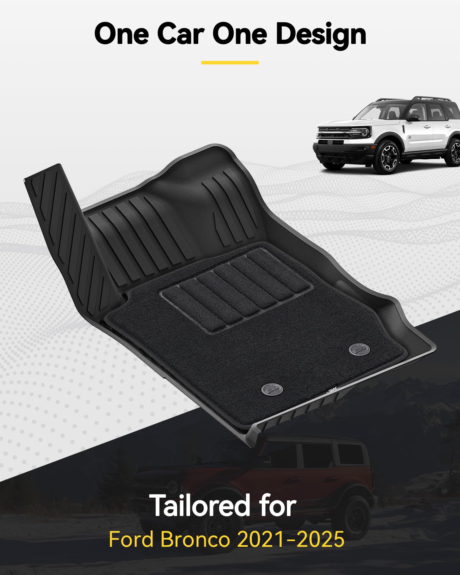 3W Floor Mats & Cargo Liner & Carpets Fit For 2021-2024 2025 Ford Bronco 4 Door, All Weather Tpe Custom Fit Floor Liner And Trun