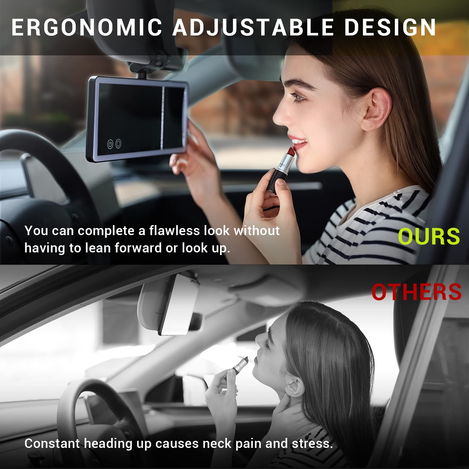 SodaRide Car Sun Visor Vanity Mirror with Dimmable Led Light, Rechargeable 360 Adjustable Angle Rearview Big Makeup Mirror For T