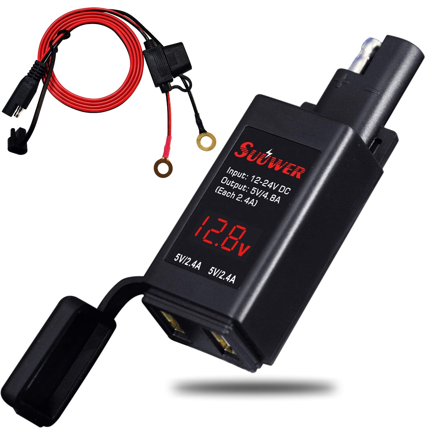 Suuwer 4.8A Motorcycle USB Charger, Quick Disconnect SAE to Dual USB Adapter Motorcycle Phone Charger, with LED Voltmeter & ON/O