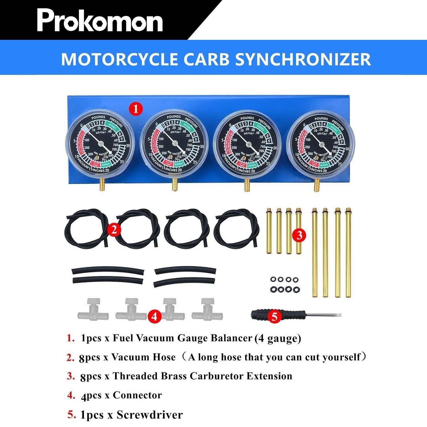 Prokomon Motorcycle Carburetor Synchronizer Tool Kit - 4 Gauge, Vacuum Sync Tool for 2 or 4 Cylinder Engines, Model PT8133.1