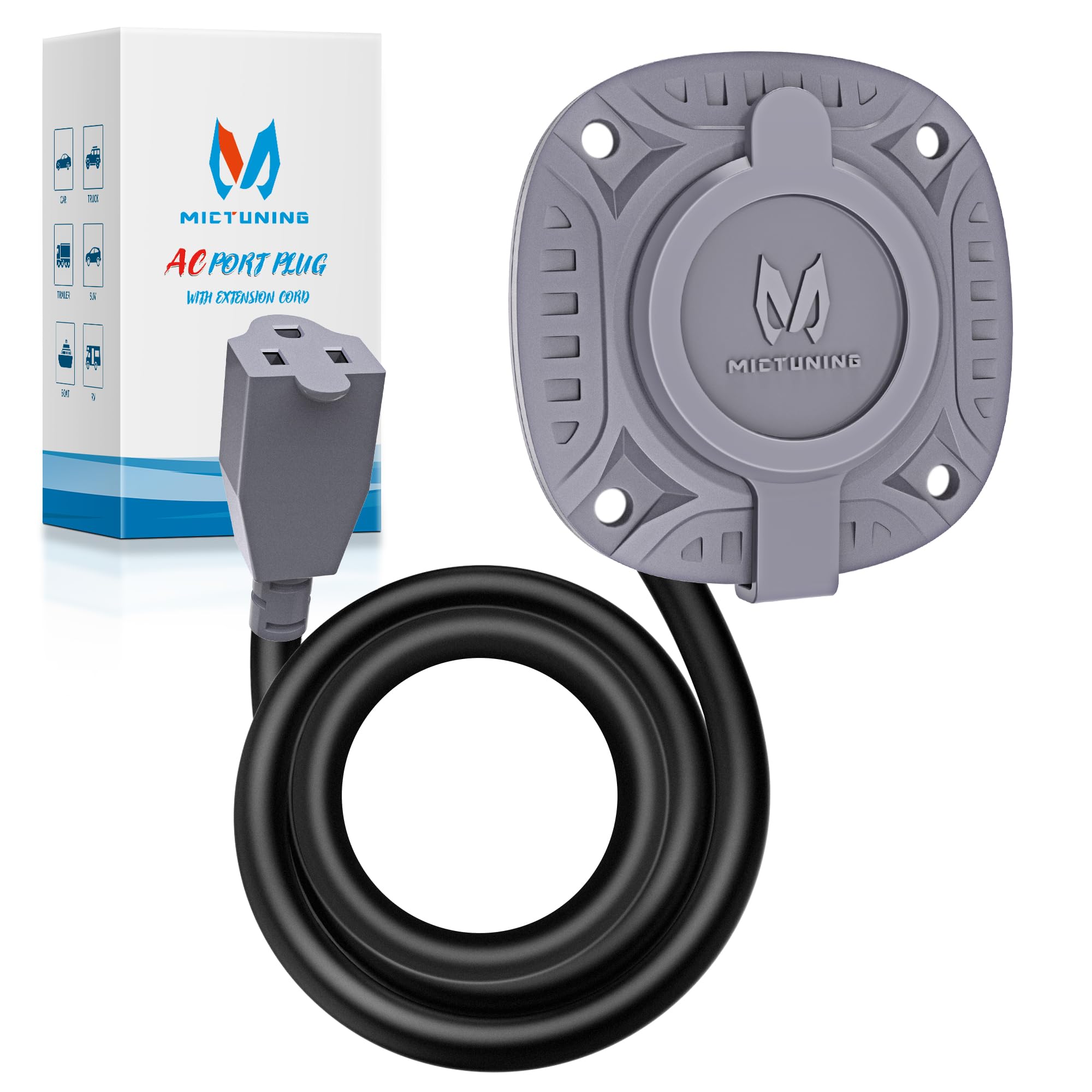 Mictuning 15Amp 125V Ac Port Plug With 20'' Integrated Heavy Duty Extension Cord And Water-Resistant Cap - Silver Gray