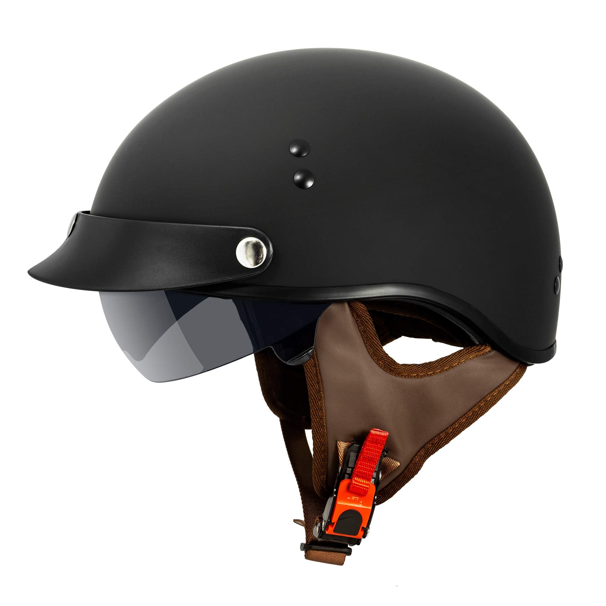 Vcan Cruiser Solid Flat Black Half Face Motorcycle Helmet With Drop-Down Sun Visor, Removable Peak And Quick Release Buckle (Xx-