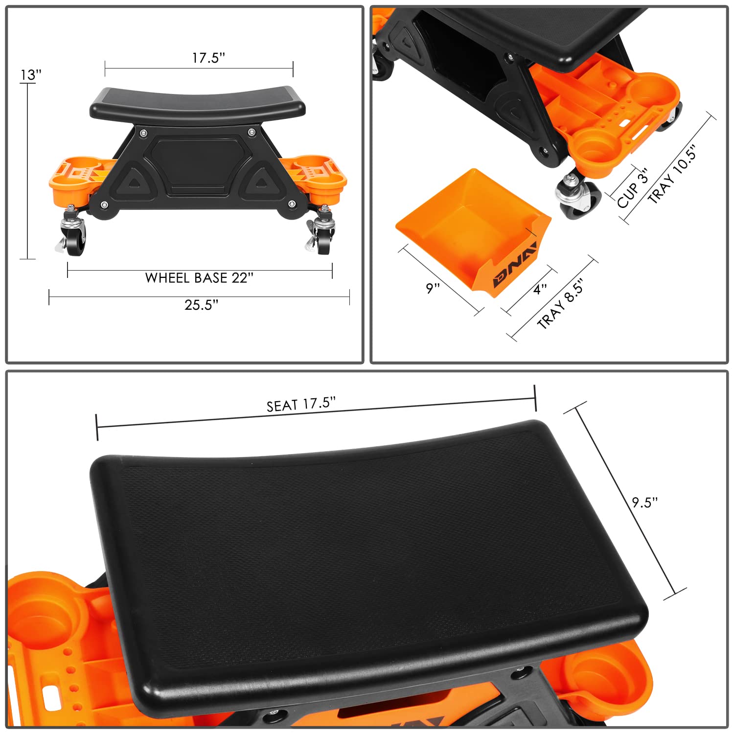 Dna Motoring Tools-00189 Mechanic Stool - 25-1/2'' X 13'' X 12'' (L X H X W), Rolling Work Seat W/Lockable Swivel Wheels And Sto