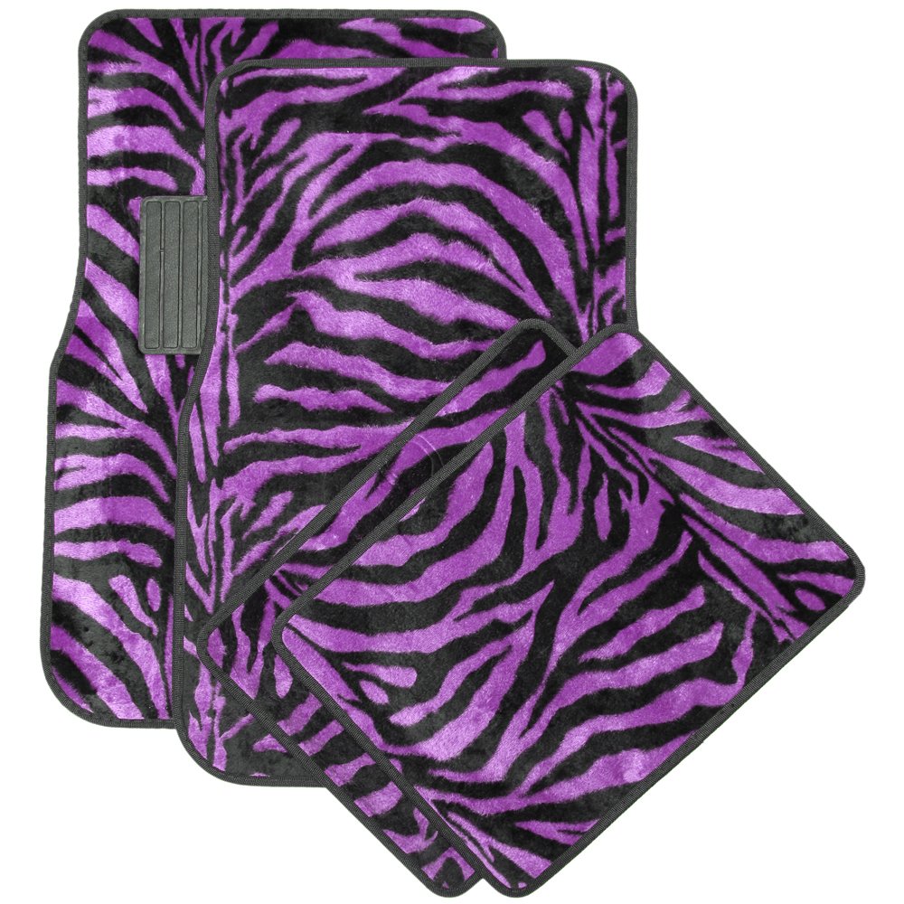 Purple Zebra White Tiger Animal Print Carpet Floor Mats for Cars / Truck - A Set of 4 Universal Fit