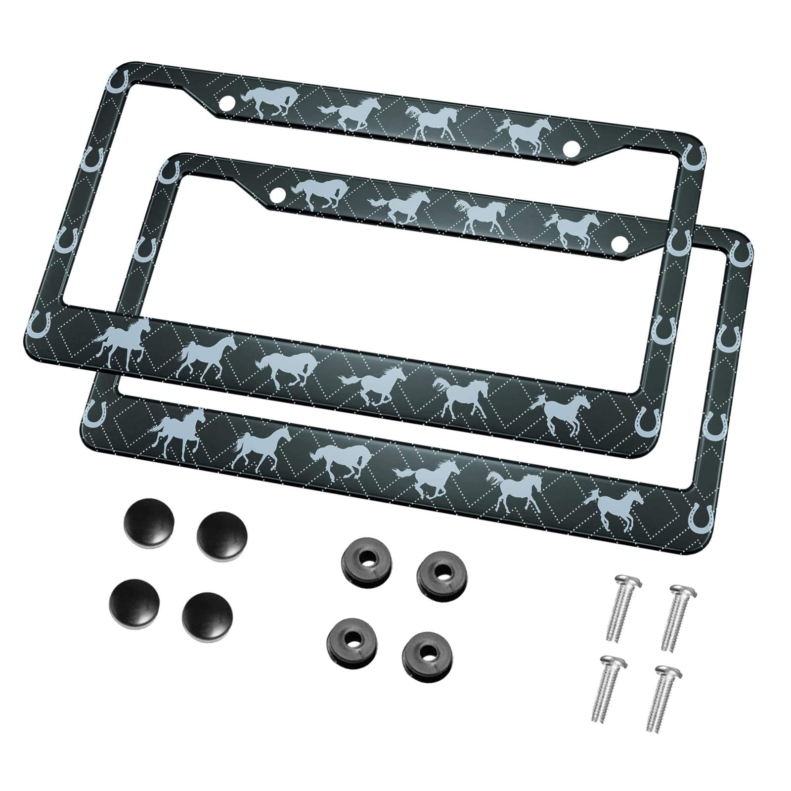 HOSNYE Blue Horse License Plate Frame Black Rectangle Background Metal 2 Pcs 2 Holes Black Licenses Plates Frames Front Licenses