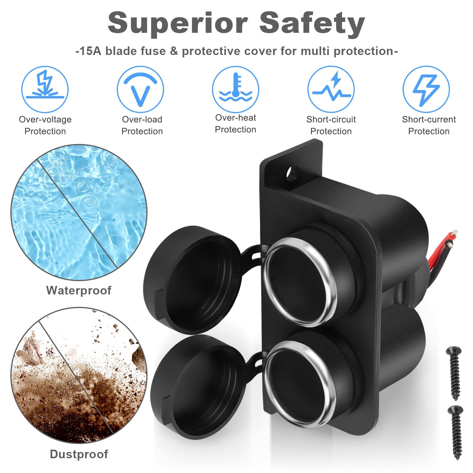 1Pcs Cigarette Lighter Socket With Blade Fuse, 2-Socket Cigarette Lighter Splitter 12V Lighter Power Outlet Replacement Waterpro