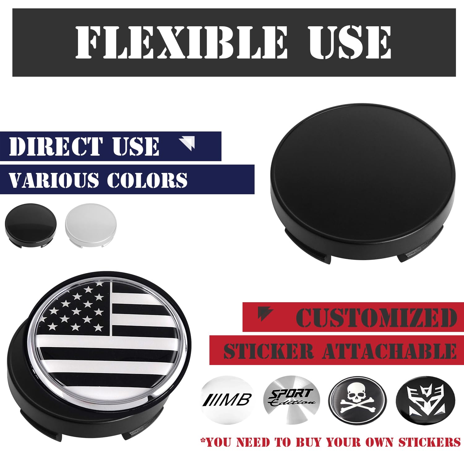 KitsPro Wheel Center Caps - 55MM for Ford Edge/Escape/Focus/Fusion, Gloss Black, Plastic, Pack of 4, Model KP00039WCC-1