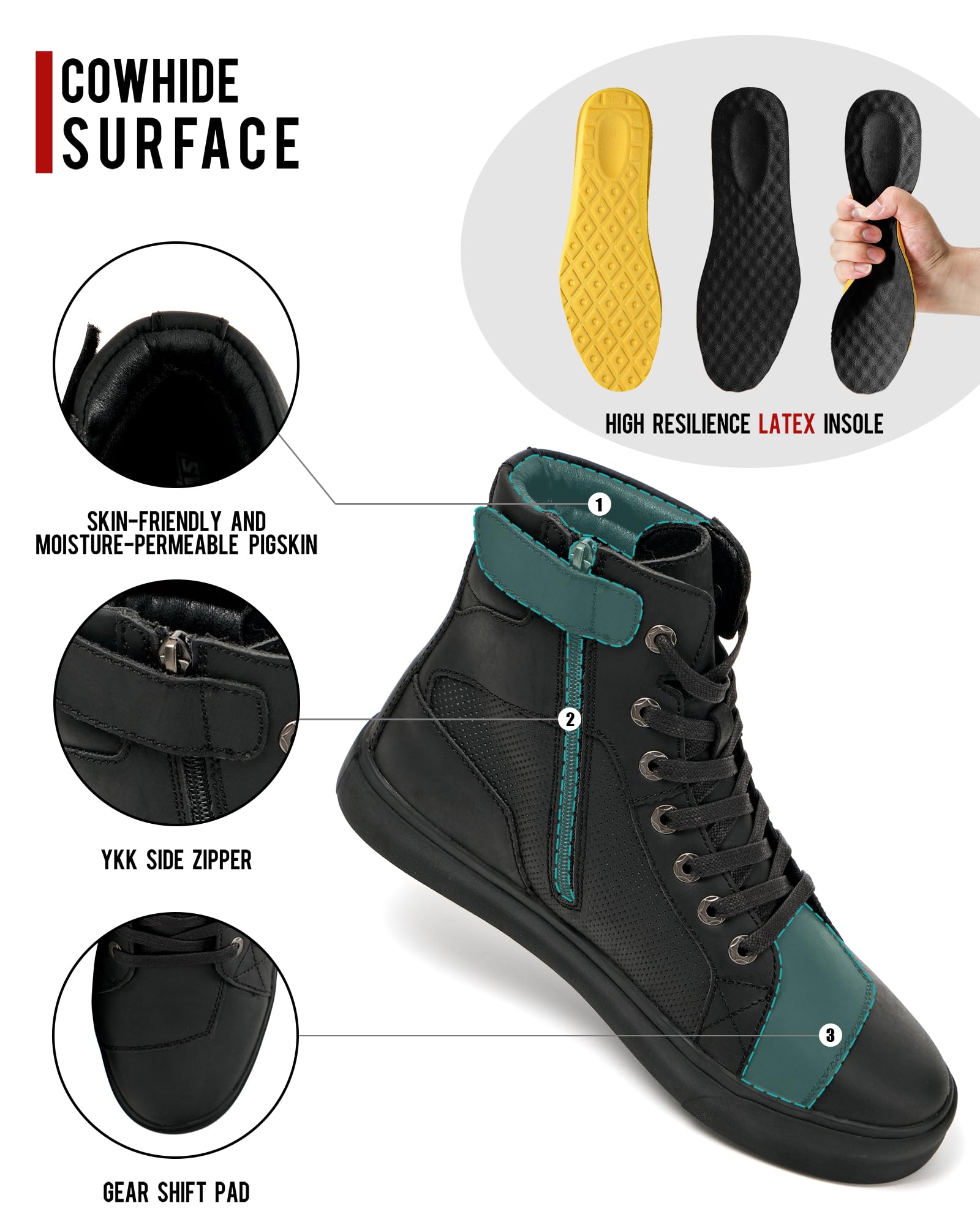 BORLEN Motorcycle Riding Shoes Cowhide Leather Breathable Casual Outdoor Street Motorcycle Boots for Men Black 9.5
