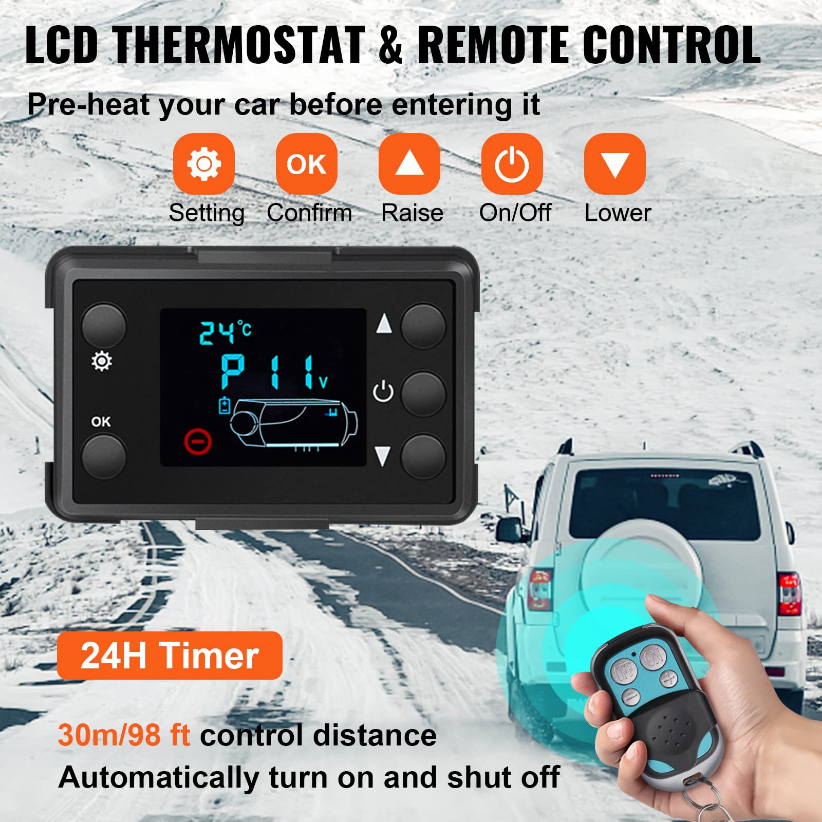 Vevor Diesel Air Heater, 5Kw 12V Parking Heater, Mini Truck Heater, Single Outlet Hole, With Black Lcd, Remote Control, Fast Hea