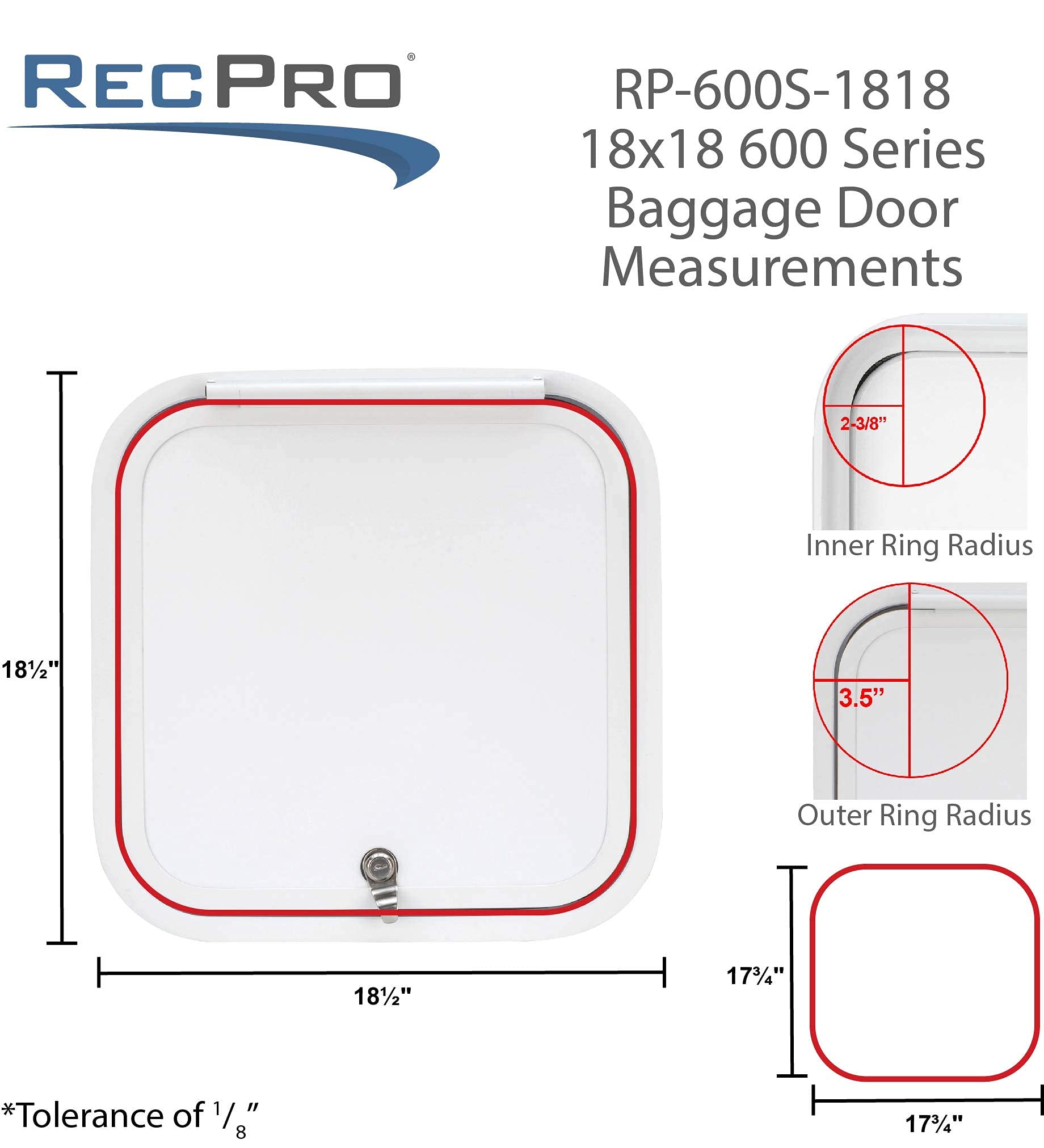 RecPro RV Baggage Door - Rounded Corners, Black Fiberglass, 18" H x 18" W, Model RP-600S-1818-BK, Made in America