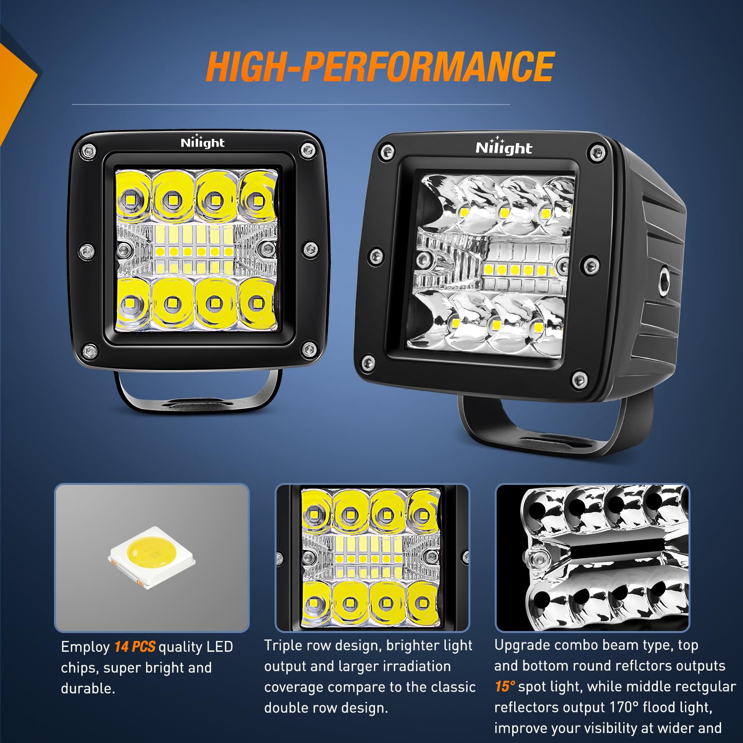 Nilight 2Pcs 3Inch 42W Led Cubes Upgraded Spot Flood Combo Square Driving Fog Off Road Lights 12V 5Pin Rocker Switch Wiring Harn