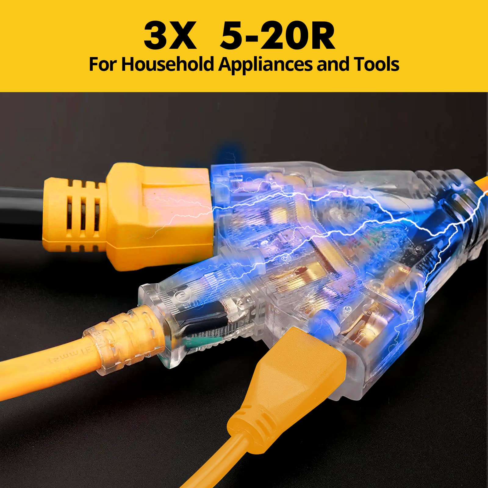 JIUWFOX RV Electrical Adapter 30 Amp to 110V 20 Amp, 12 inch Yellow, NEMA TT-30P Male to 3x5-15R/20R with