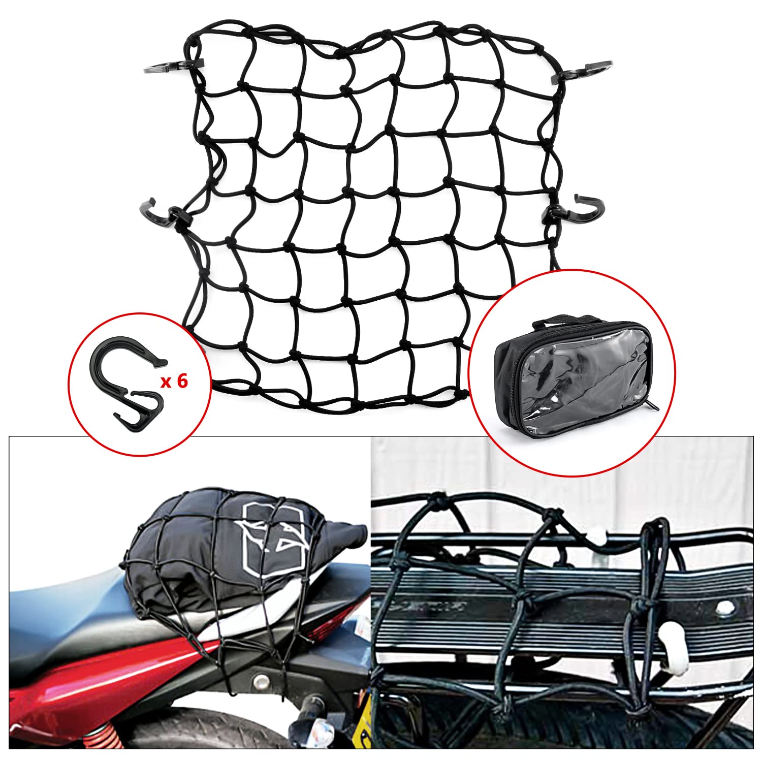 15''X15'' Universal Truck Bed Net Black Latex Bungee Cargo Net Extends To 30''X30'' With 6 Adjustable Hooks & Tight 2''X2'' Mesh