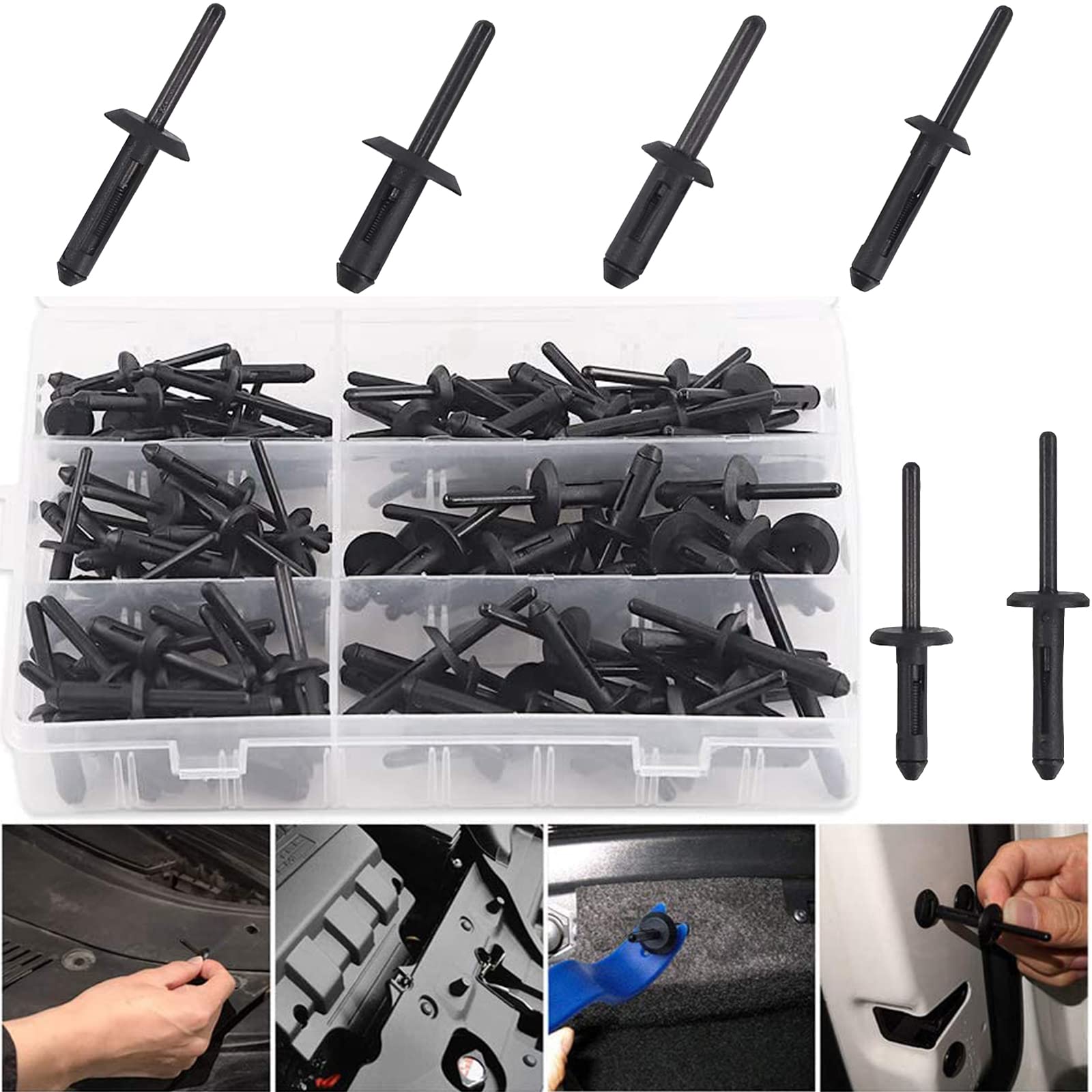150Pcs Plastic Rivet Clip,Automotive Universal Nylon Pop Rivet Assortment,6 Most Popular Sizes Black Nylon Universal Rivet Kit,R