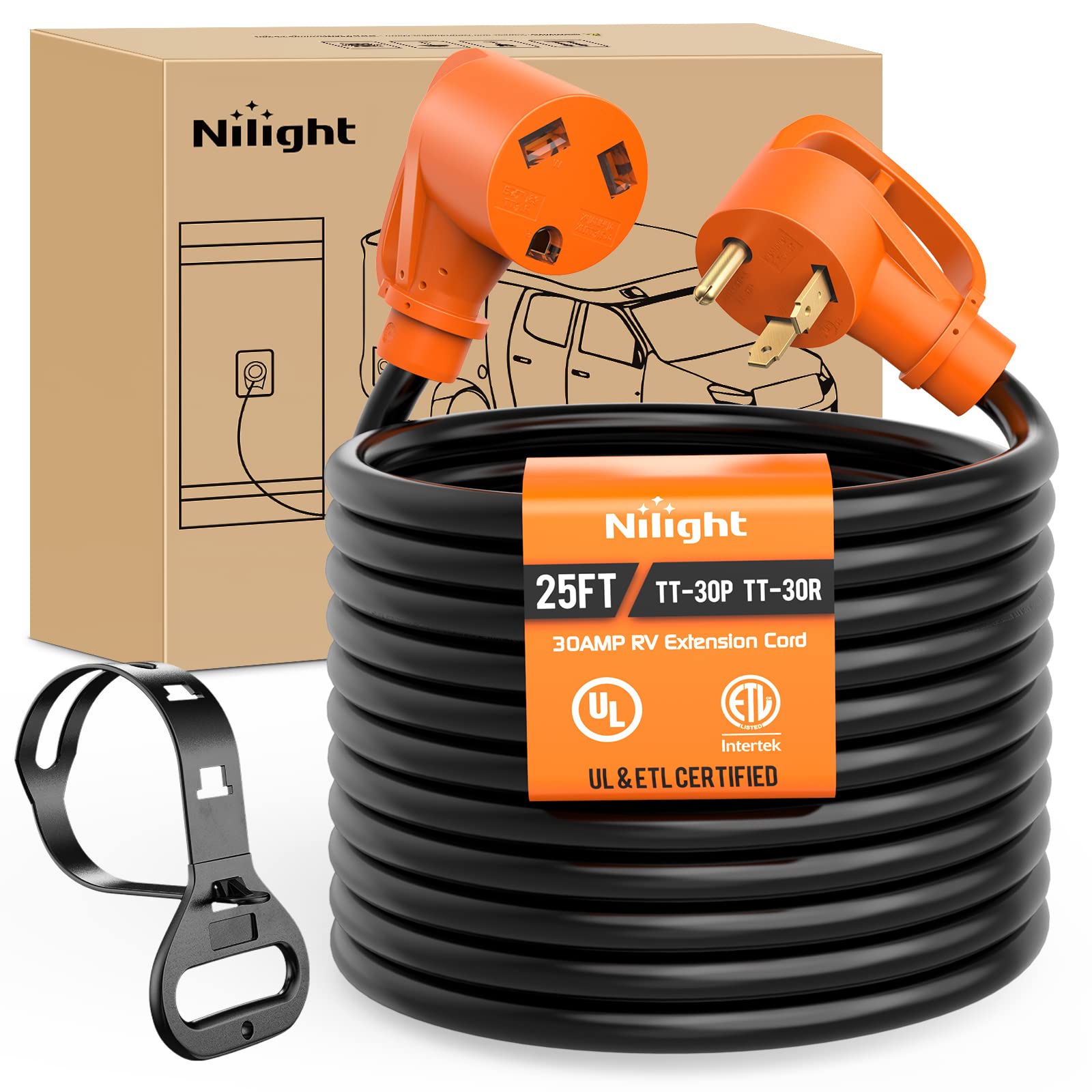 Nilight 30 Amp 25Ft Rv Extension Cord 125V Heavy Duty 10 Gauge Pure Copper Stw Wire Ul Etl Listed 3 Prong Tt-30P Tt-30R 30F/30M