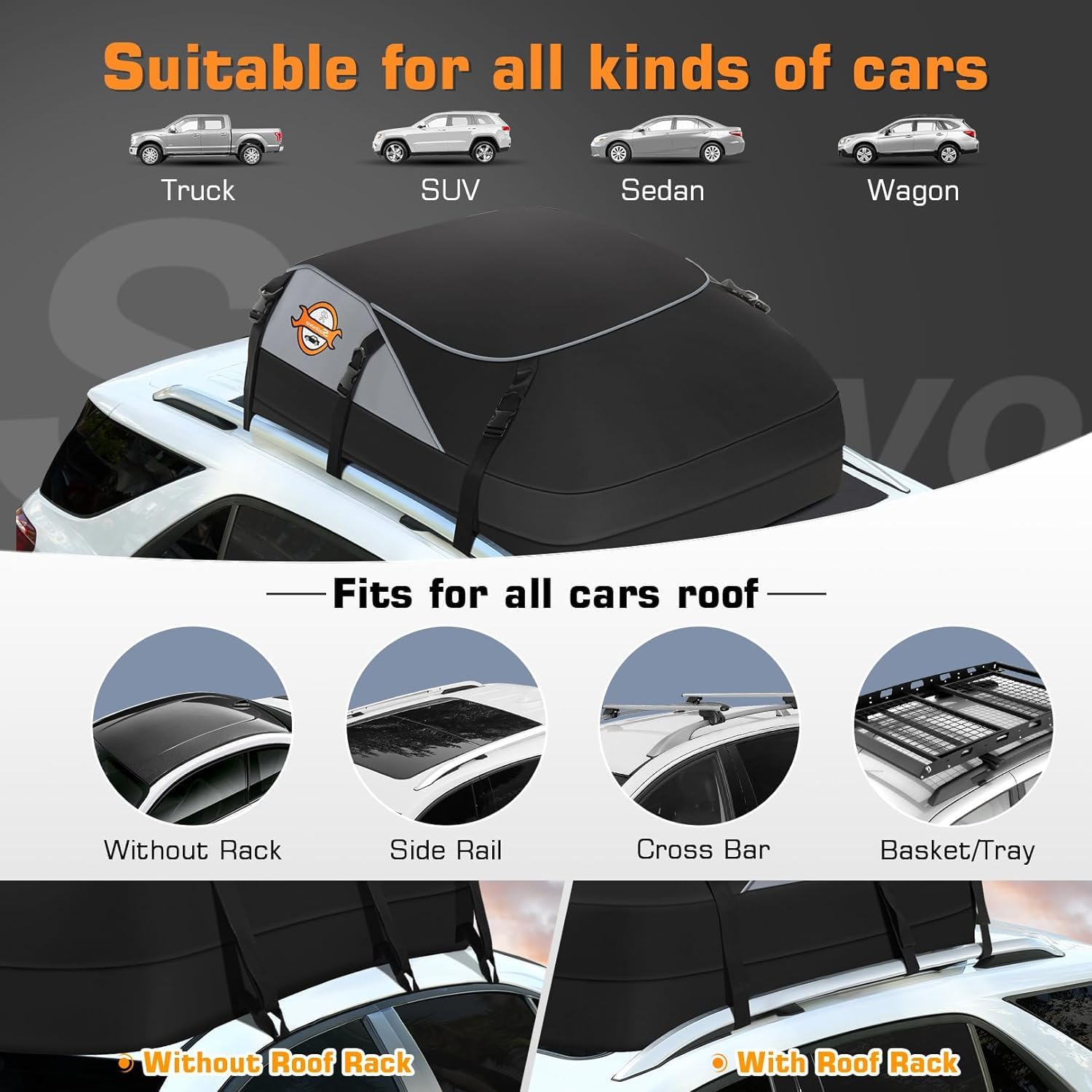 Sailnovo Rooftop Cargo Carrier Bag, 20 Cubic Feet, Waterproof 1000D Oxford Fabric, Black & Grey, Includes 6 Door Hooks & Storage Bag