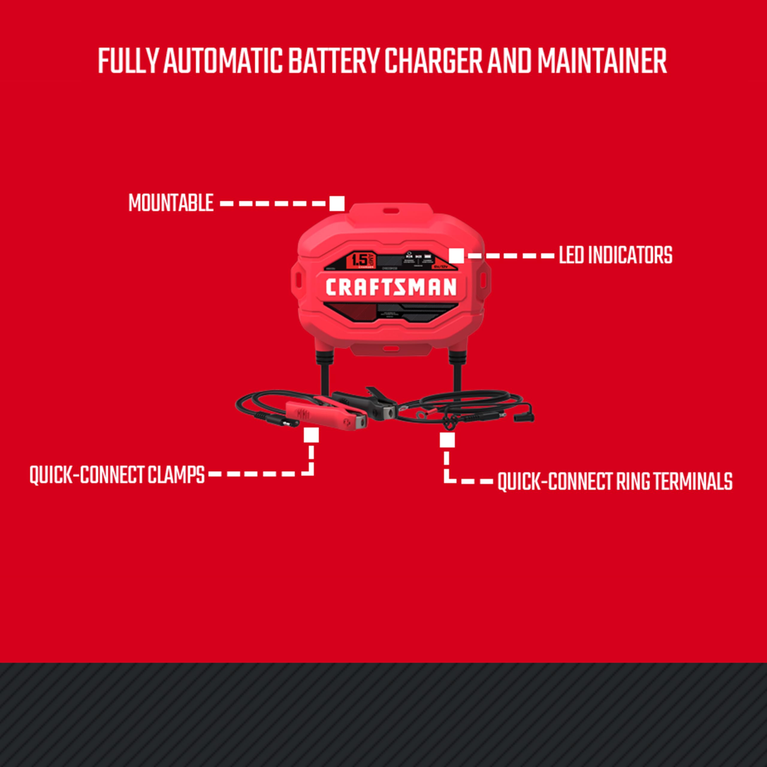CRAFTSMAN 3-in-1 Automotive Battery Charger, 1.5A, 6V & 12V, Maintainer & Desulfator for Cars, Motorcycles & Boats,