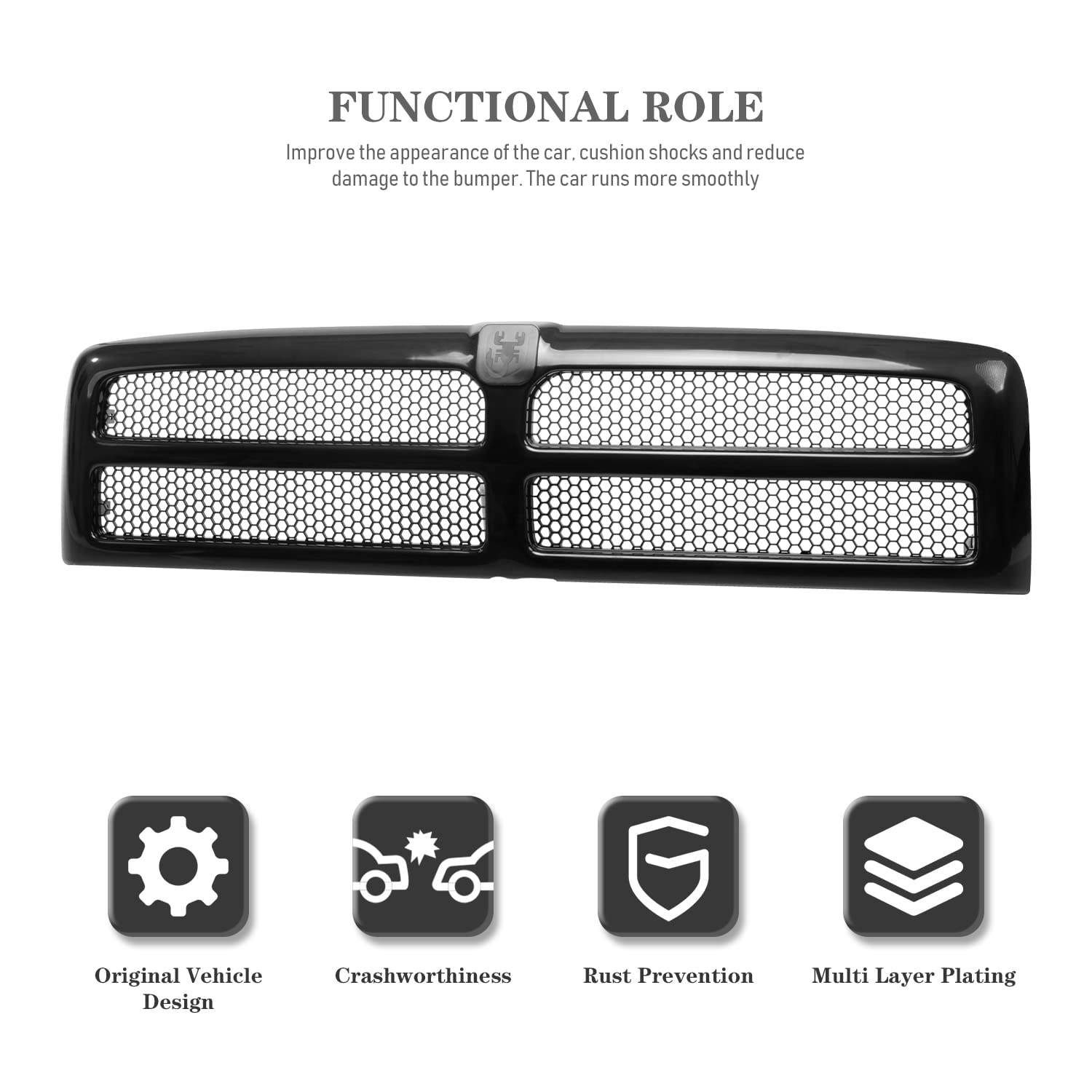 CarPartsDepot Front Upper Grille Grill for 1994-2002 Dodge Ram 1500/2500/3500, Honeycomb Mesh, Black, Model CH1200188