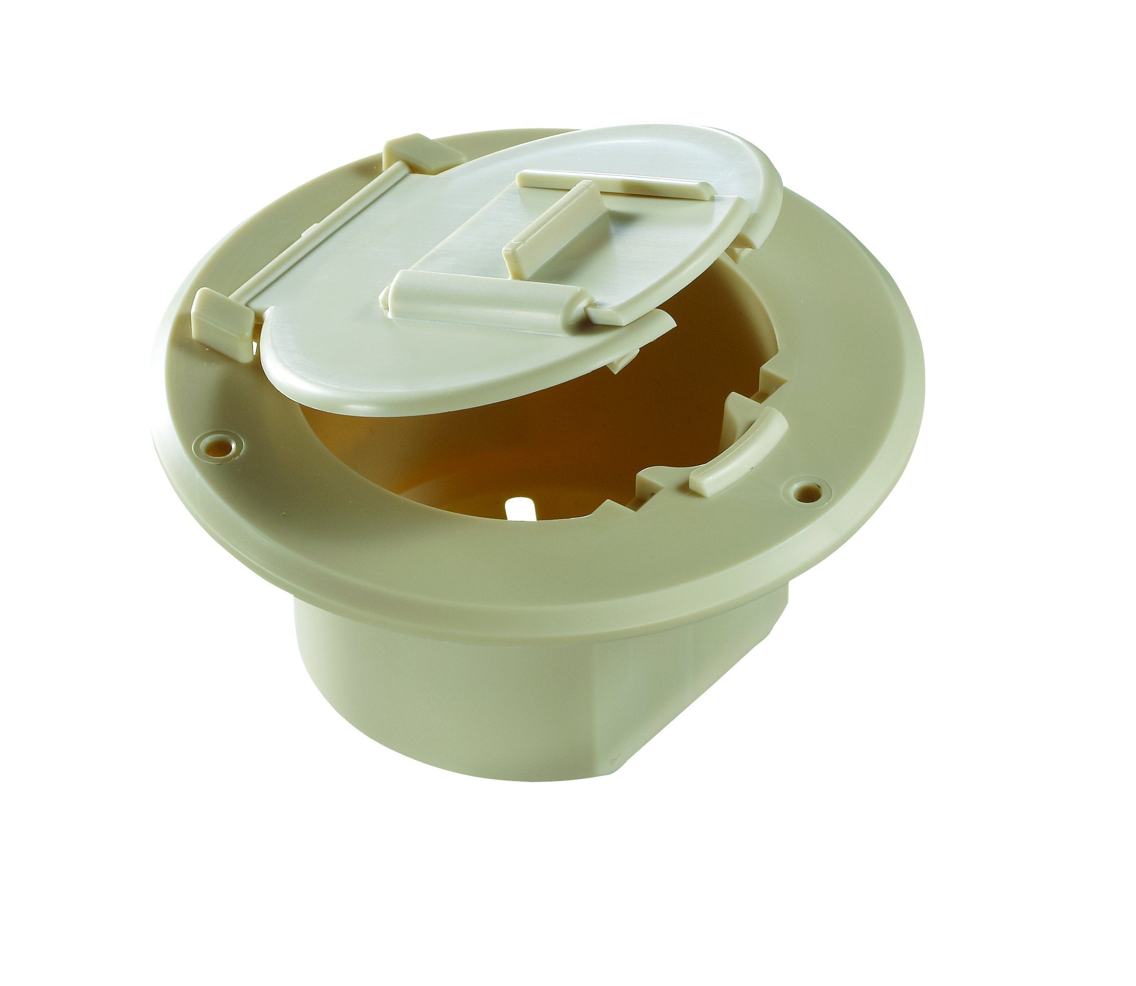 RV Designer Round Electrical Cable Hatch, 4.3" Diameter, Replaceable Lid, Colonial White, Model B122, Plastic