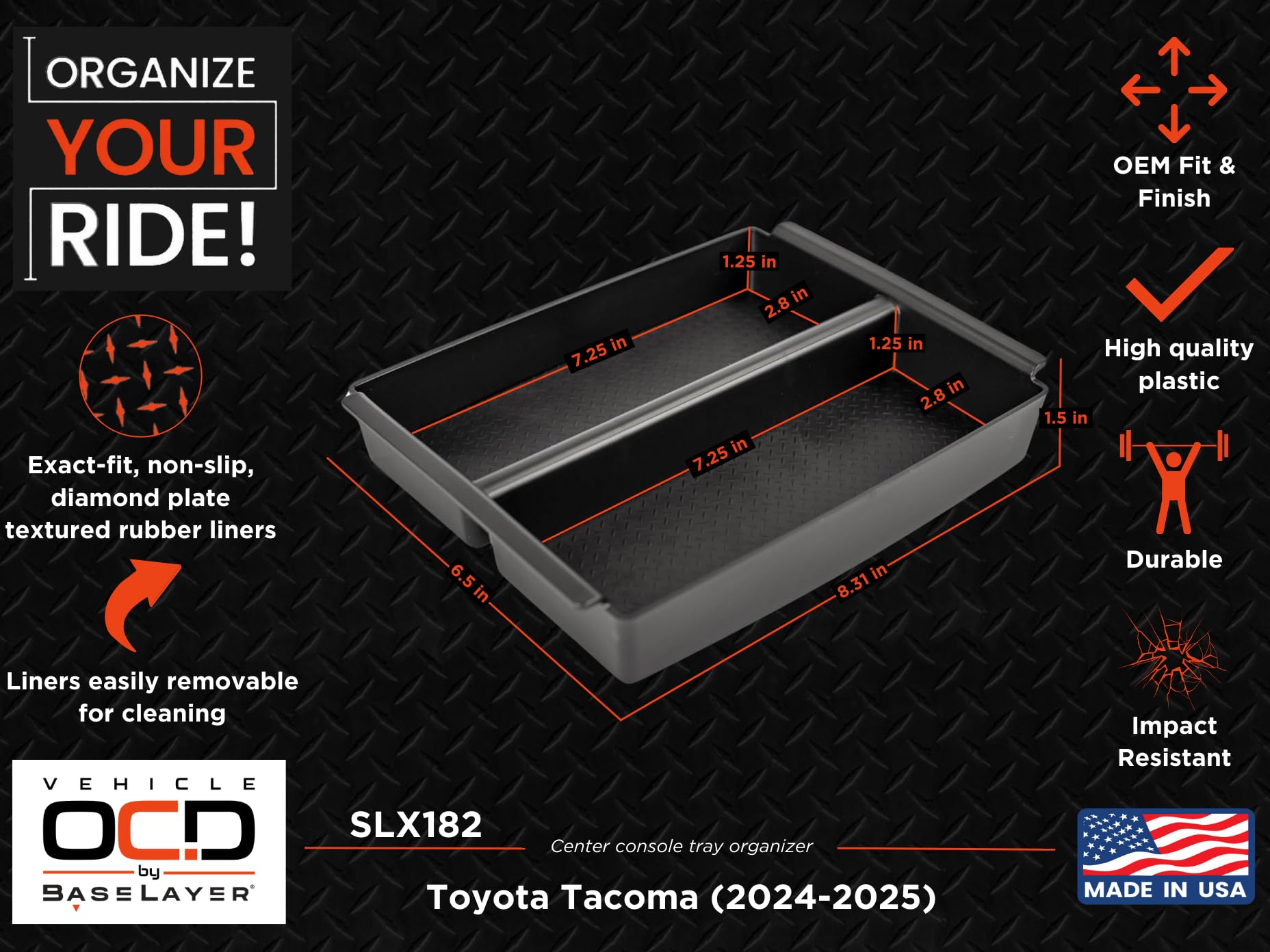 Vehicle Ocd - Center Console Divider, Tray, And Glove Box Organizer For Toyota Tacoma (2024-2025) - Made In Usa - (Not For Tacom