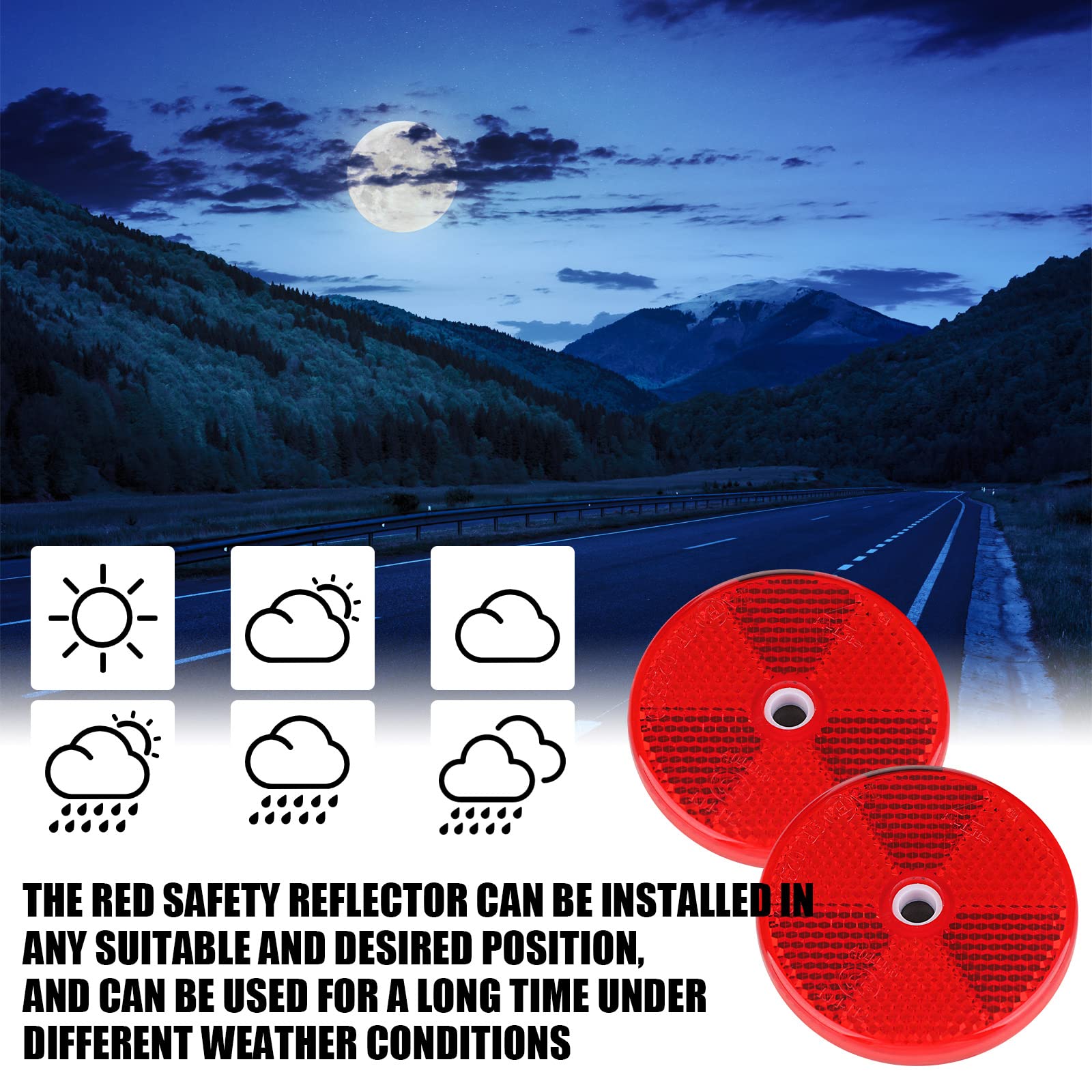 Kingdder 48 Pcs Round Reflectors for Driveway & Gate Posts, Red, Model Kingdder-Reflector-98, with Center Mounting Holes