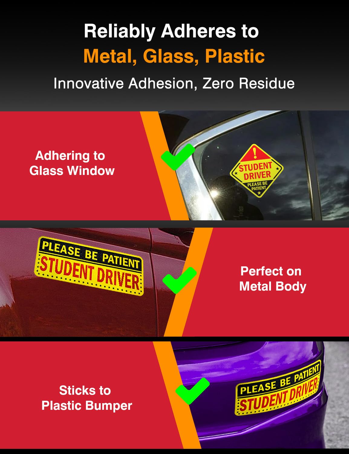 5Pcs Student Driver Sticker (Non-Magnet) - Reusable, Reflective 'Please Be Patient' Signs For Car Bumper, Paint & Windows, Scrat