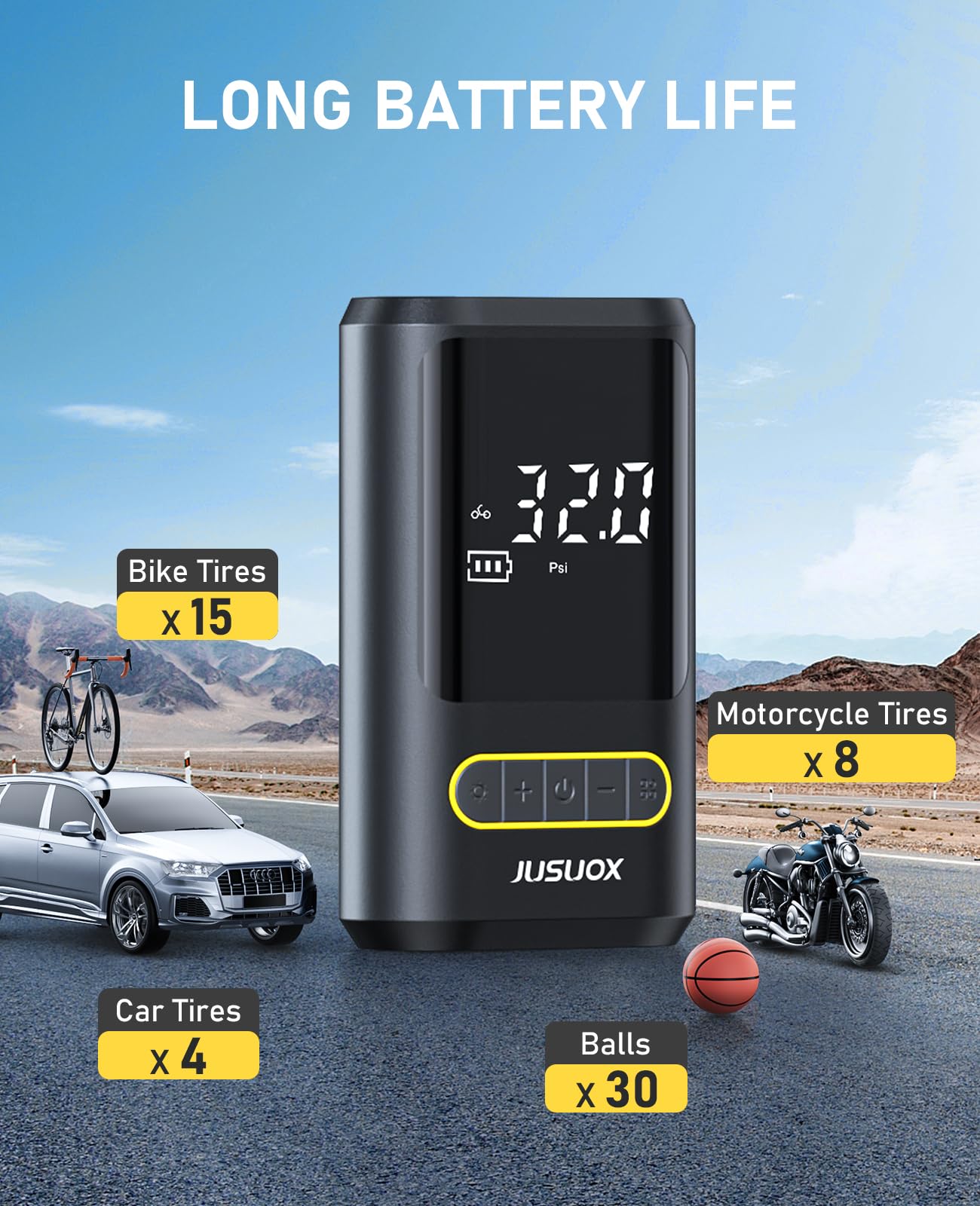 JUSUOX Portable Tire Inflator, 150 PSI Electric Bike Pump with Digital Gauge, Small, Model ATJ-8466, Auto Shutoff, LED Light