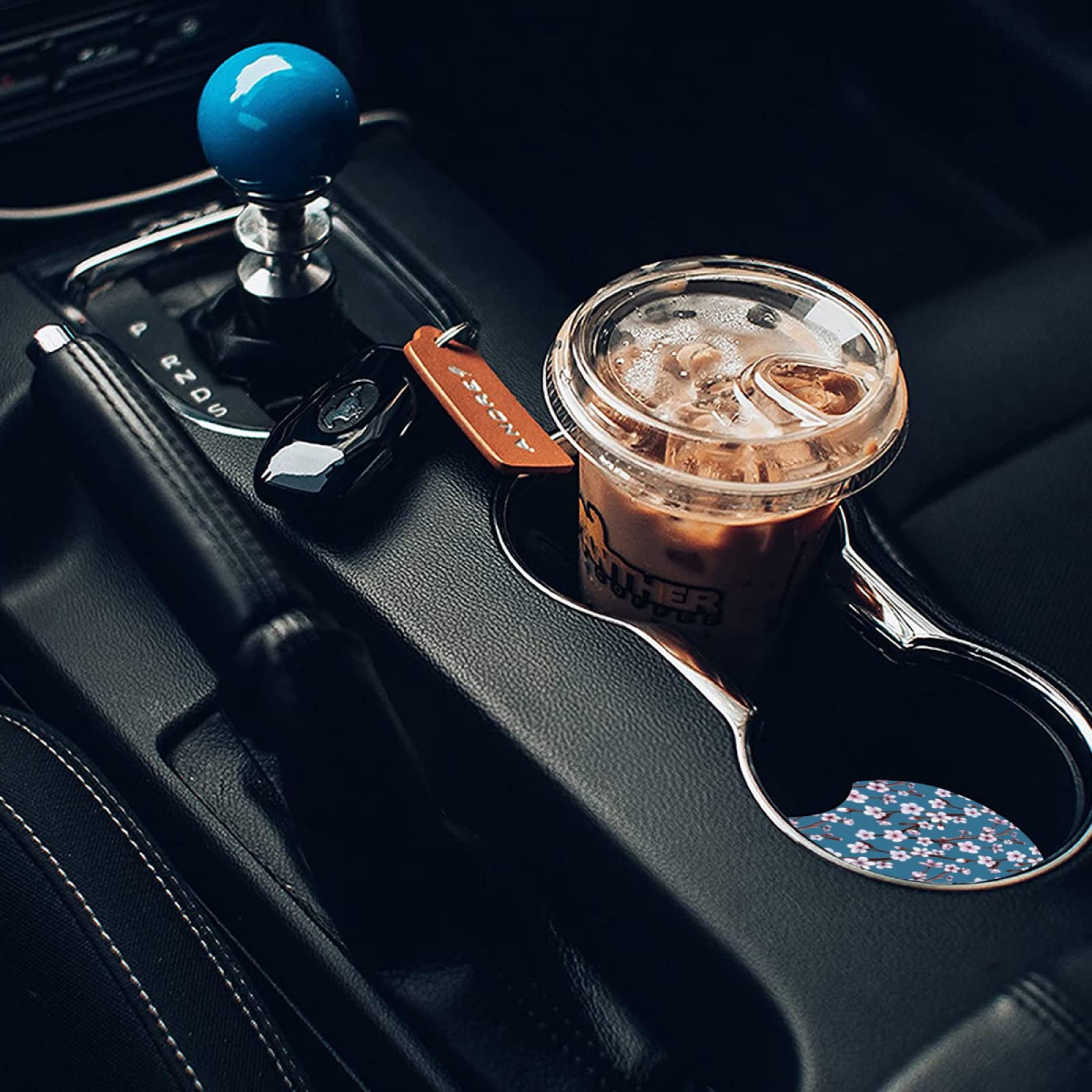 Pink Cherry Blossoms Absorbent Car Cup Coasters,Cup Holders,Cork Base Drink Coasters With Finger Notch For Easy Move Of Car Cup