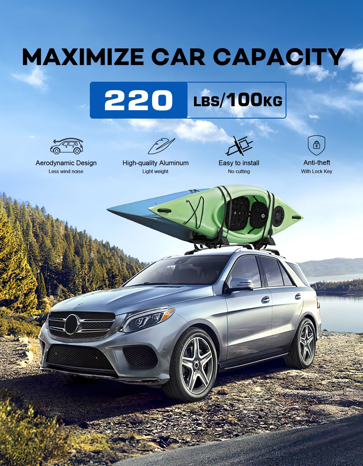 Wonderdriver Roof Rack Cross Bars 220lbs Compatible with Mercedes Benz GLE 2015-2025 with Raised Side Rails, Heavy Duty Aluminum