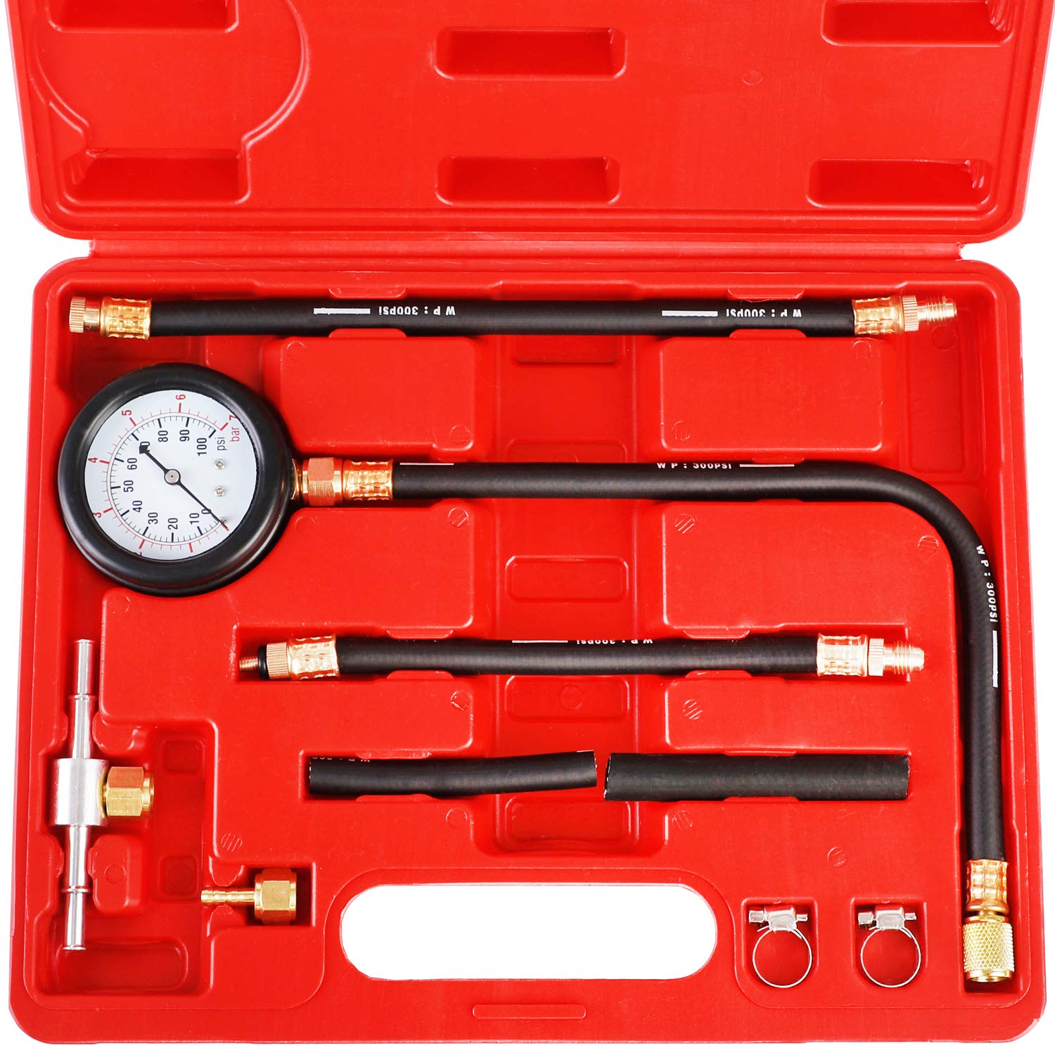 JIFETOR Fuel Injection Pump Pressure Tester Gauge Kit, Car Gasoline Gas Fuel Oil Injector Test Manometer Tool Set 0-100PSI, Univ
