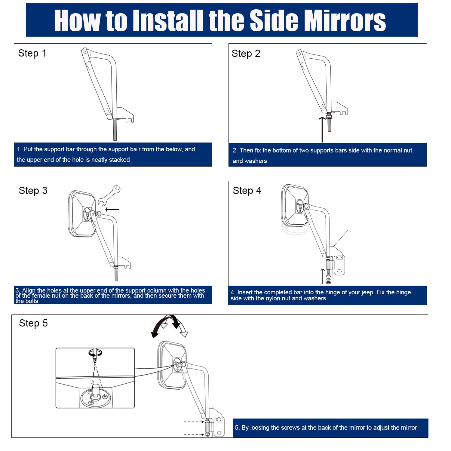 SUNPIE Doors off Mirrors for Jeep Wrangler JK - Side Mirror for Wrangler JK JKU 2/4 Doors 2007-2018, Doorless Side View Mirror f
