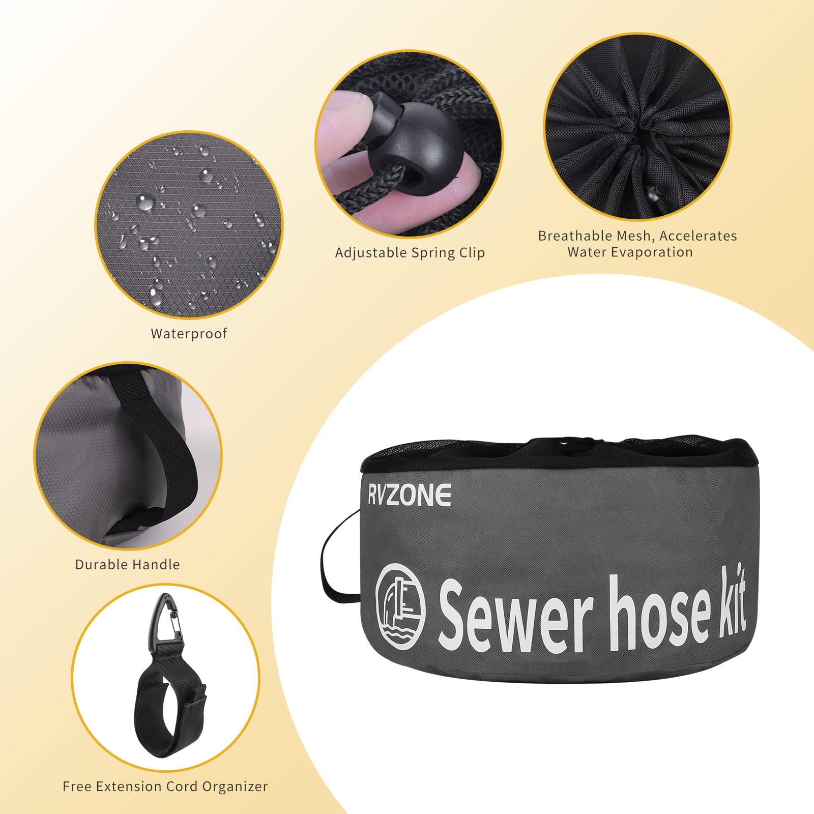 RVZONE Waterproof RV Hose Bag Organizer - Large Grey Polyester Utility Bag for Sewer, Fresh Water Hoses & Electrical Cords