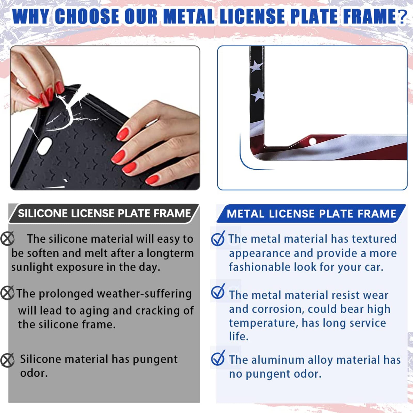 American Flag License Plate Frame Holder - 2 Pack Universal Aluminum Matte Stripe Us Flag Gloss Patriotic Car Plate Frame Covers