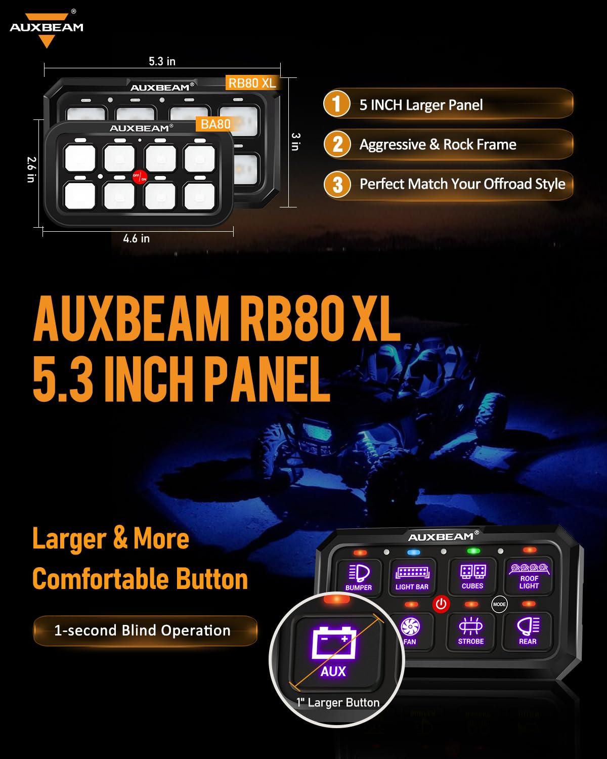 Auxbeam RGB 8 Gang Switch Panel, 5.3 Inch RB80 XL, Waterproof Metal Relay System for Truck, ATV, Marine - Off Backlight Toggle Switch